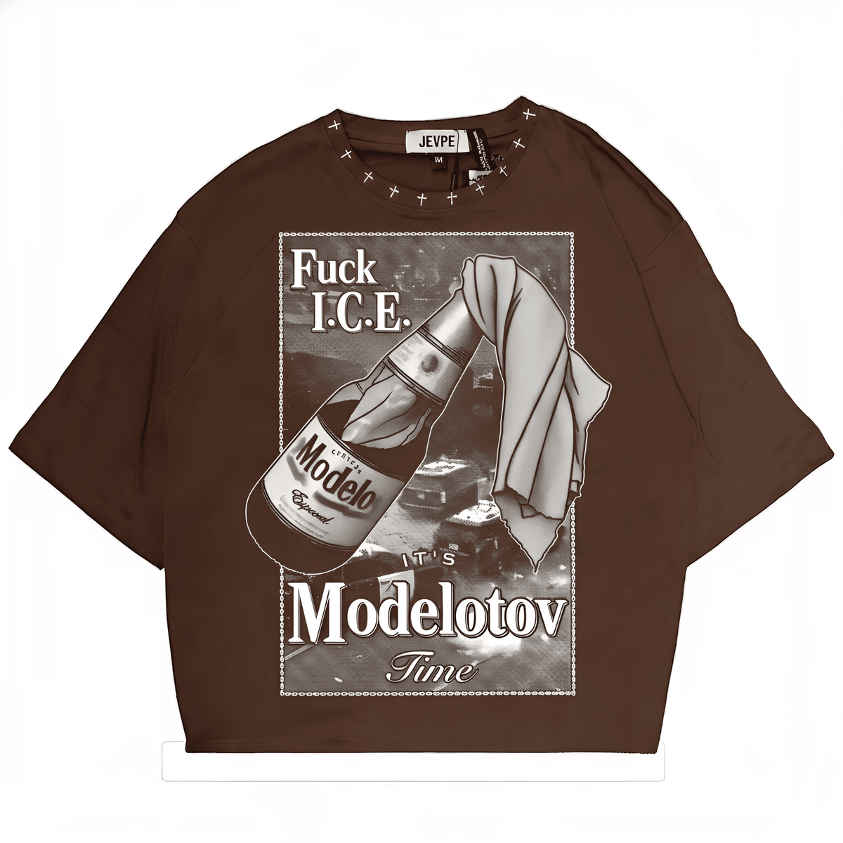 JEVPE Modelotov Time graphic oversized T-shirt featuring edgy streetwear design with bold print and relaxed fit.