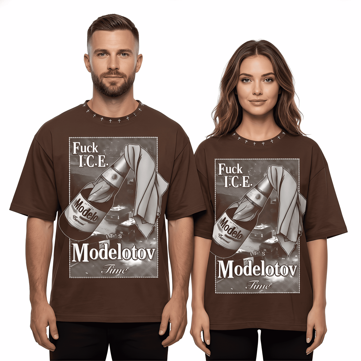 JEVPE Modelotov Time graphic oversized T-shirt featuring edgy streetwear style, with bold graphic design on white fabric.