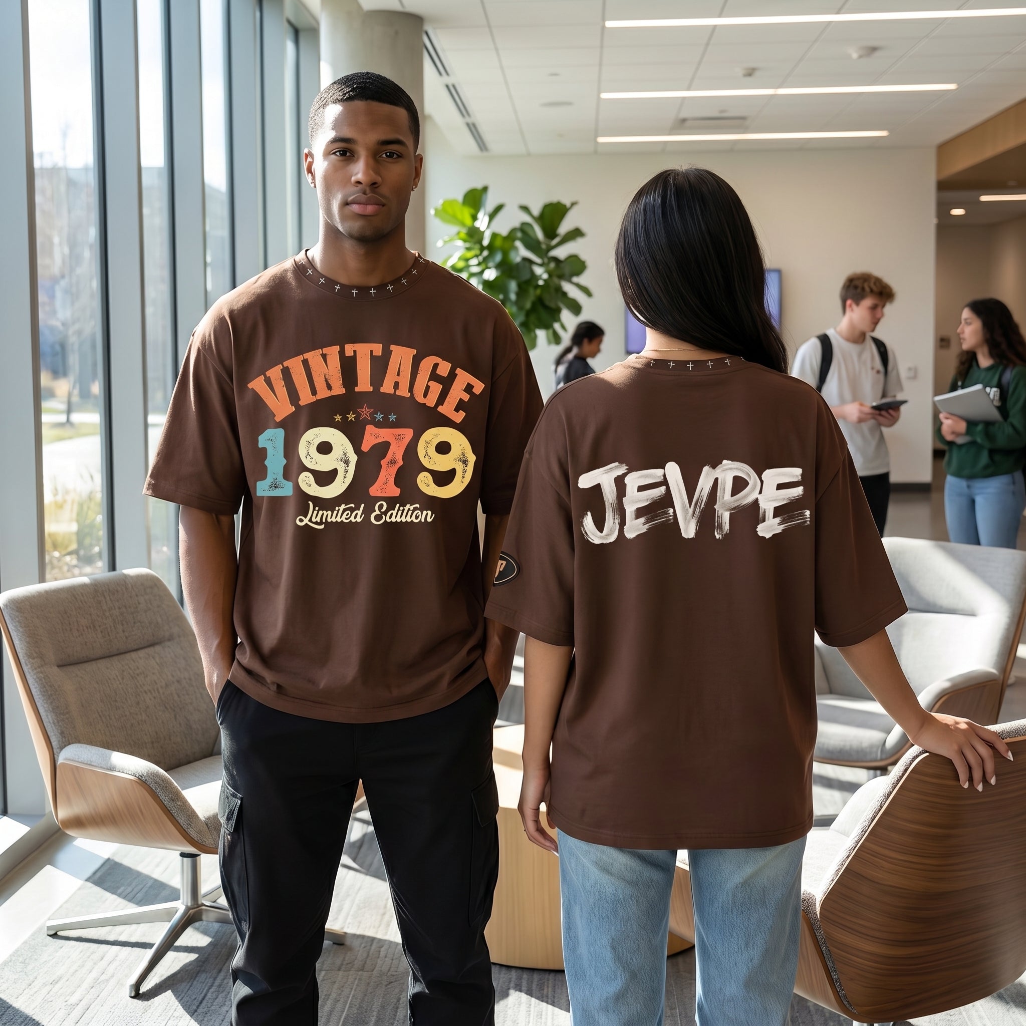 JEVPE vintage 1975 limited edition oversized T-shirt with retro 70s streetwear style, featuring bold graphic design.