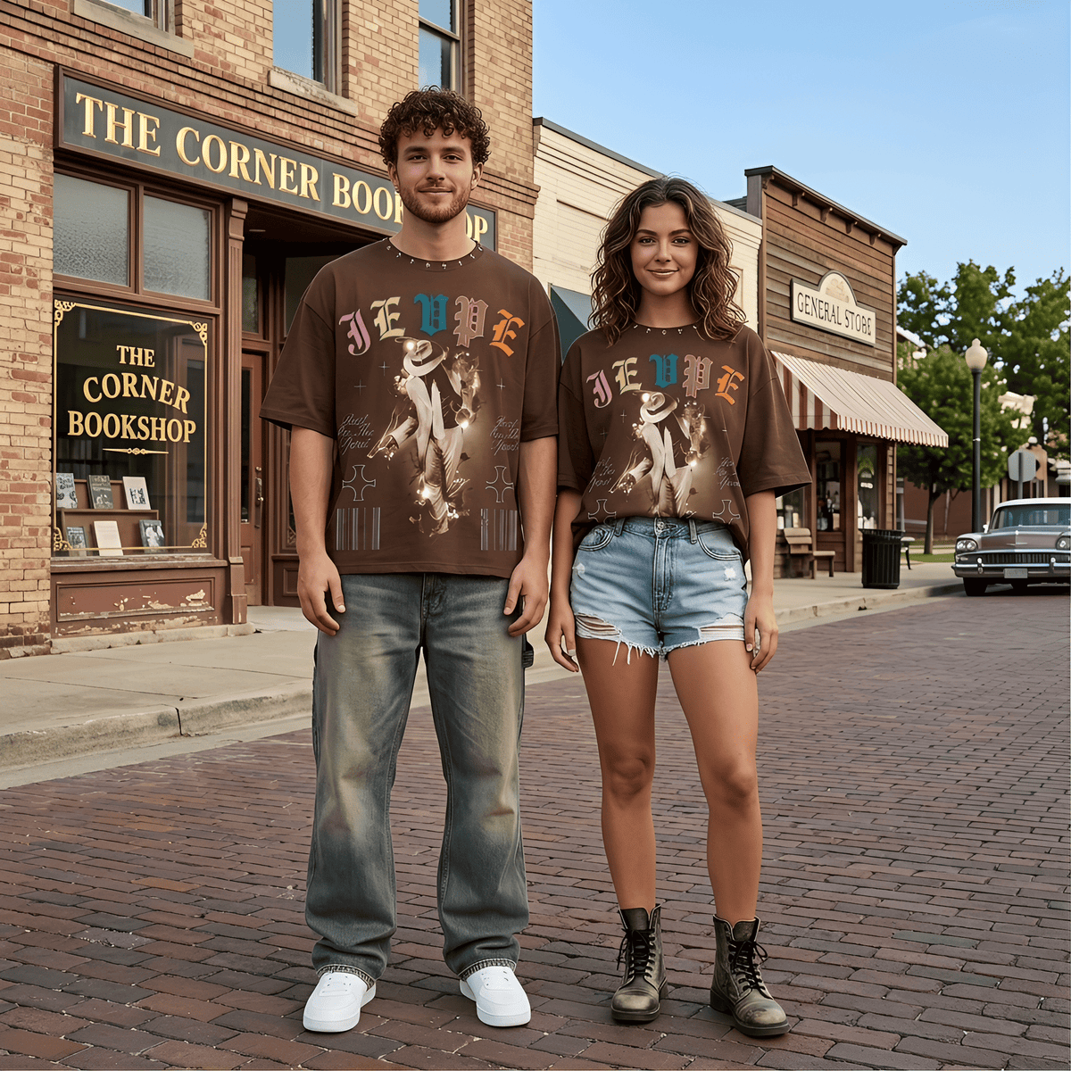 JEVPE Rest In The Spirit Dancer oversized graphic T-shirt featuring a Western streetwear design and vibrant artwork.