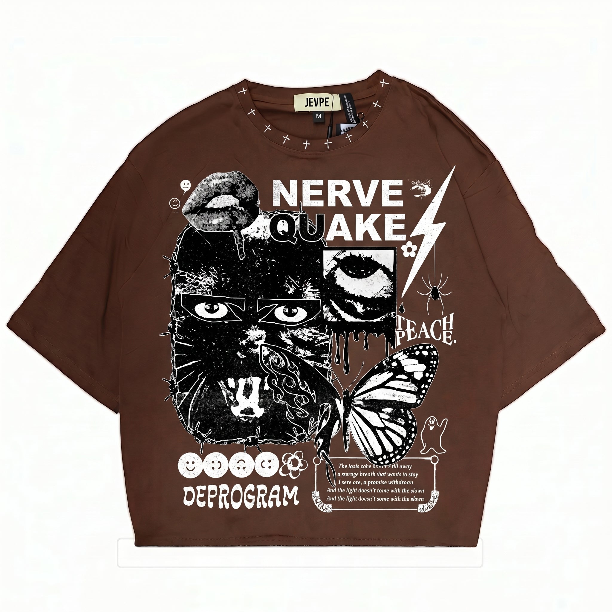 JEVPE Nerve Quake collage graphic oversized T-shirt featuring grunge streetwear style, with bold print and relaxed fit.