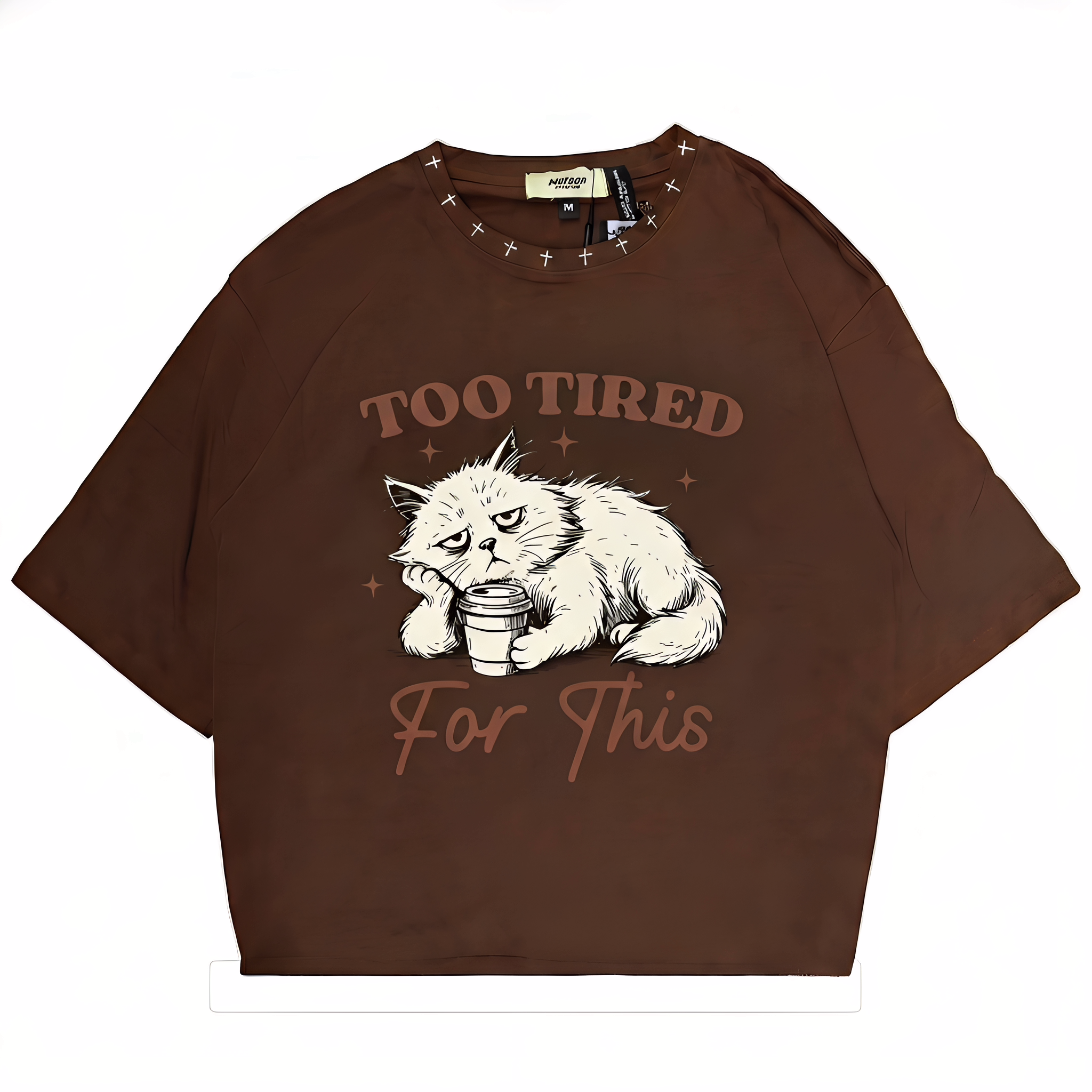 Brown oversized T-shirt featuring Grumpy Cat graphic with "Too Tired For This" text, streetwear style from JEVPE.
