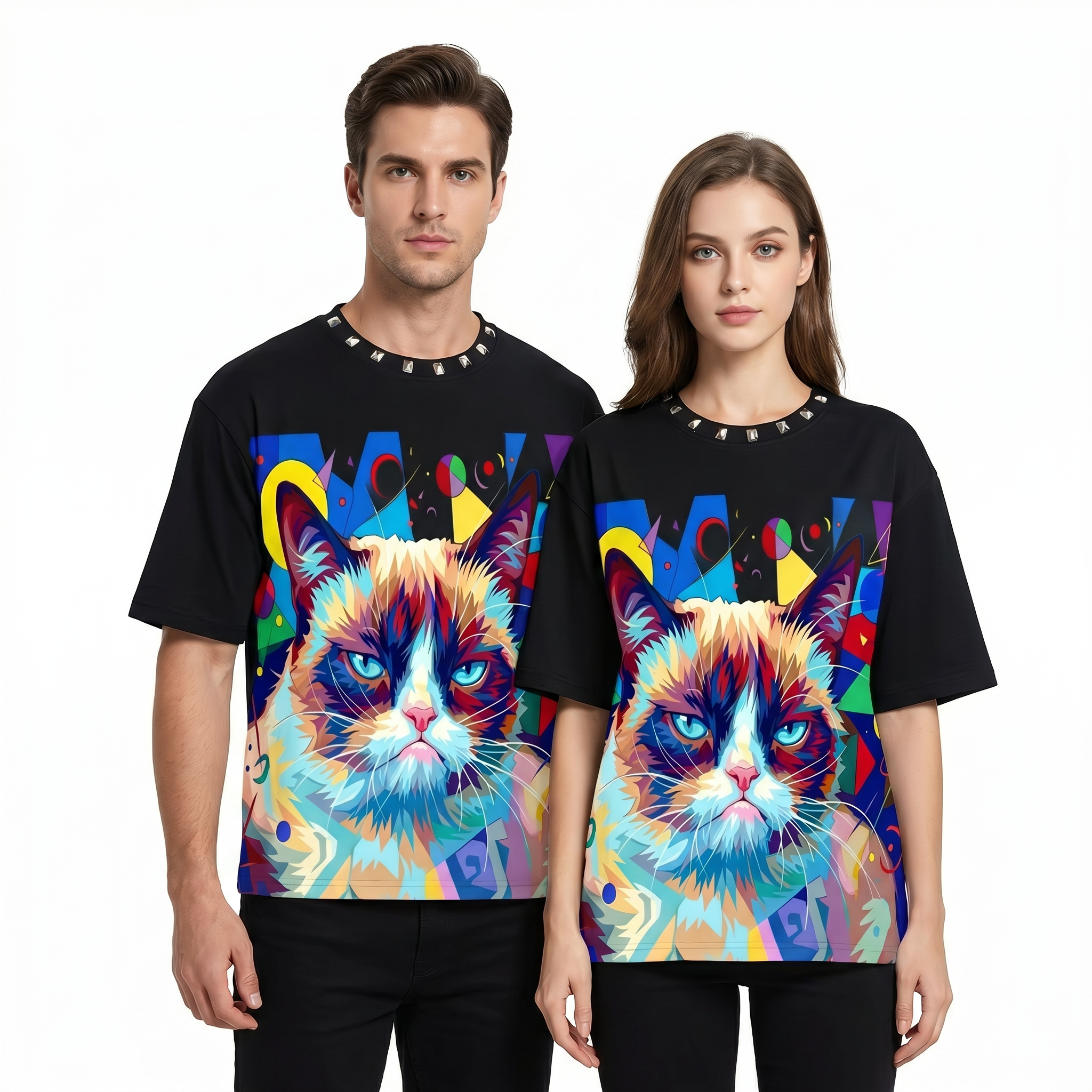 JEVPE Vibrant Grumpy Cat Graphic Oversized T-Shirt | Black Cropped Studded Streetwear Tee