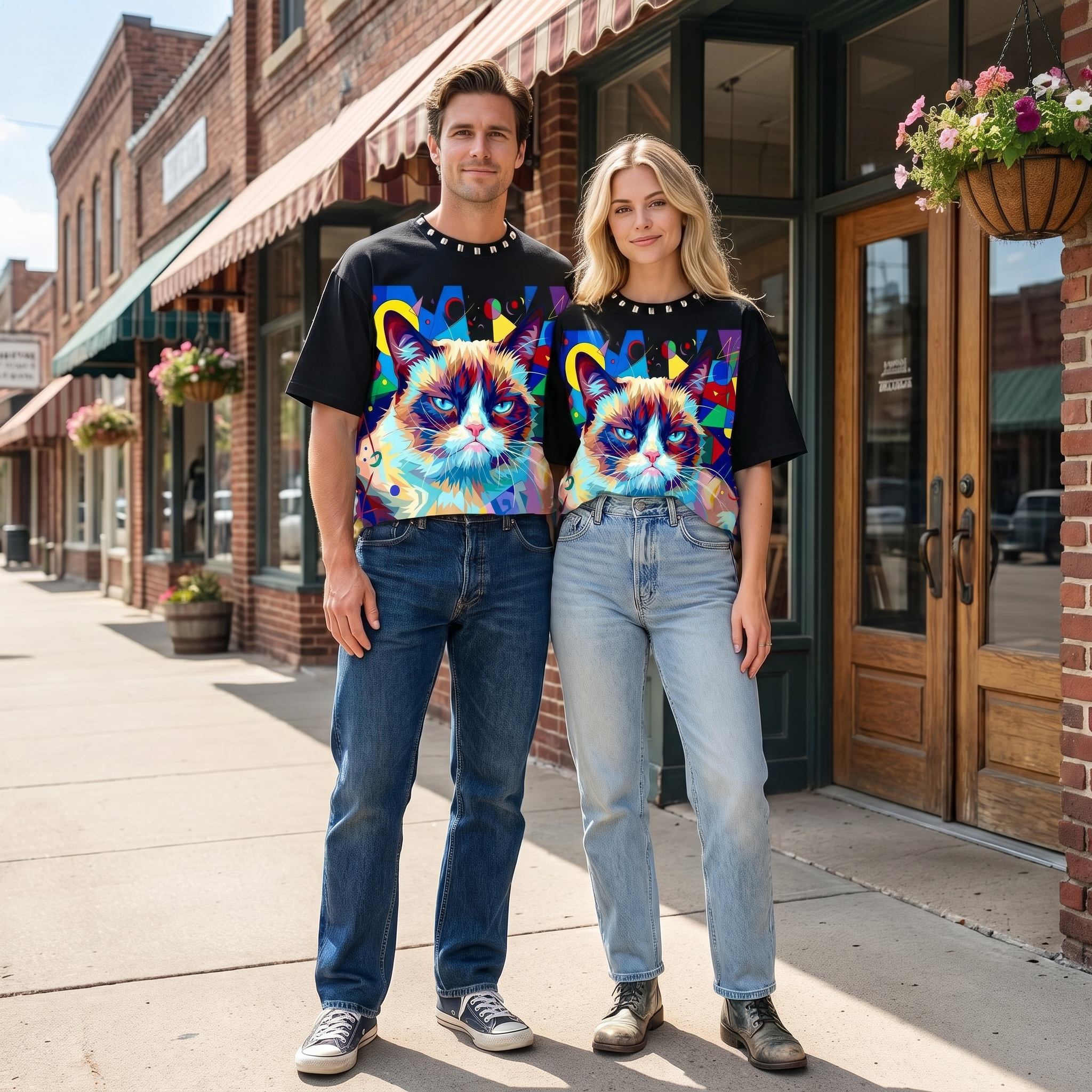 JEVPE Vibrant Grumpy Cat Graphic Oversized T-Shirt | Black Cropped Studded Streetwear Tee