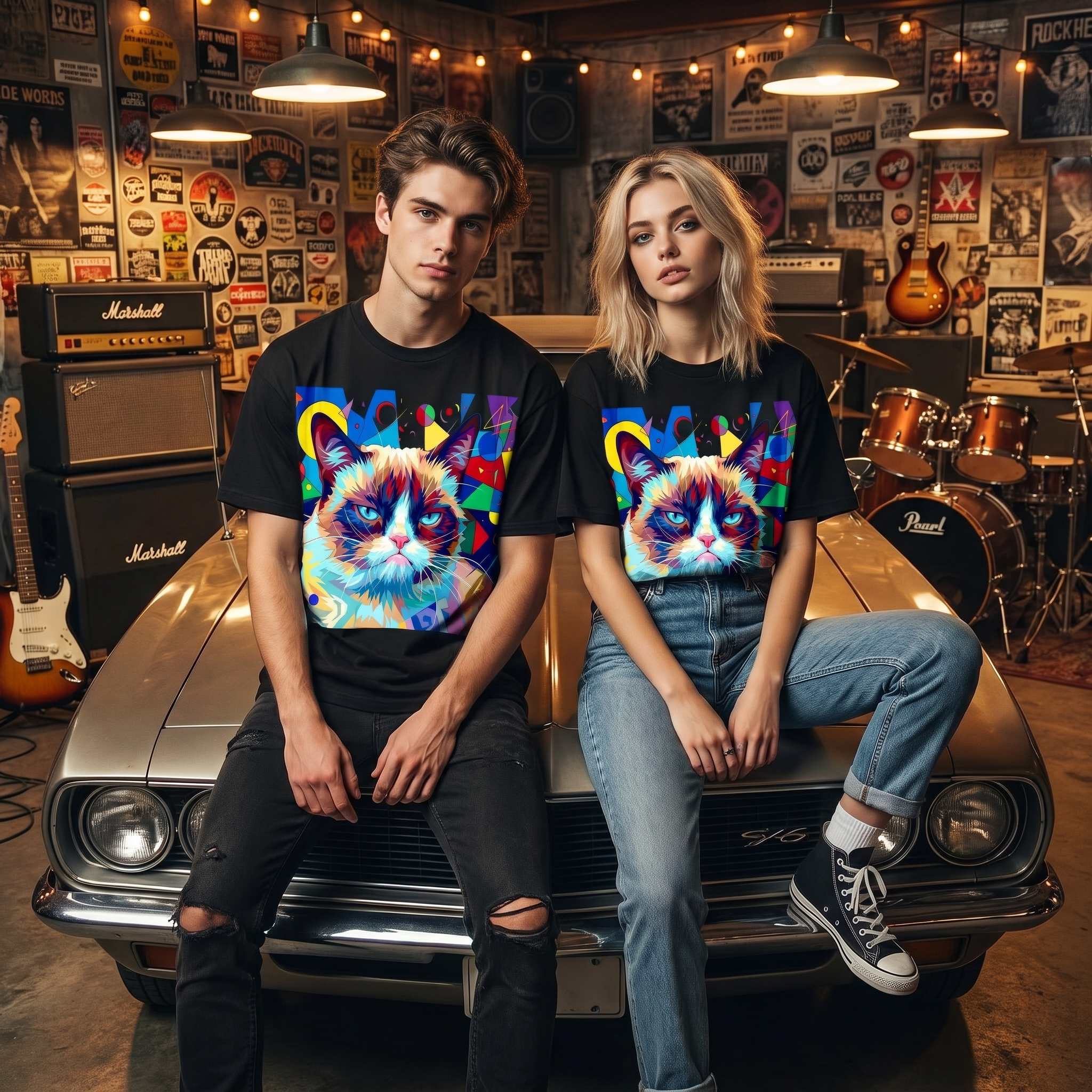 JEVPE Vibrant Grumpy Cat Graphic Oversized T-Shirt | Black Cropped Studded Streetwear Tee