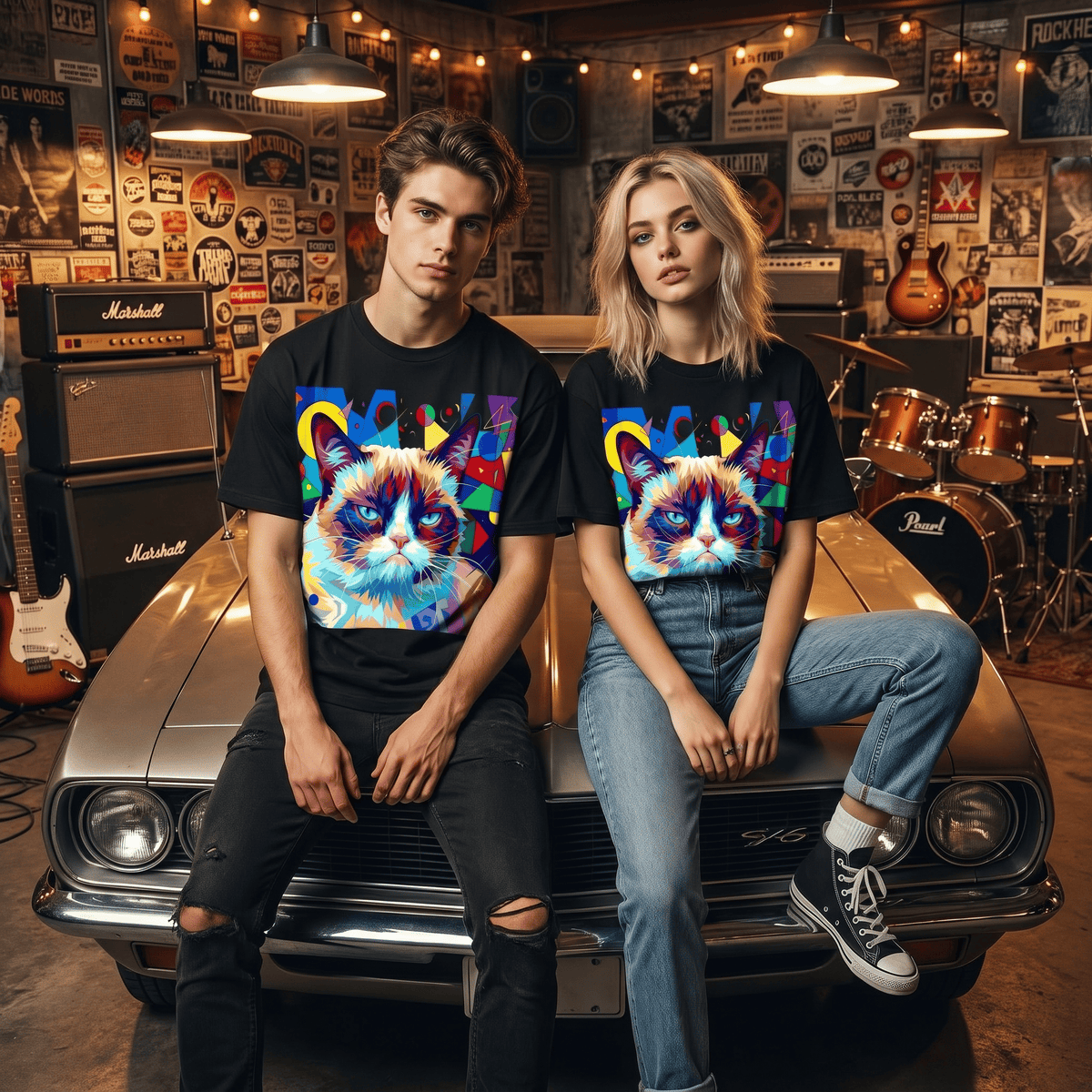 Vibrant Grumpy Cat Graphic Oversized T-Shirt by JEVPE