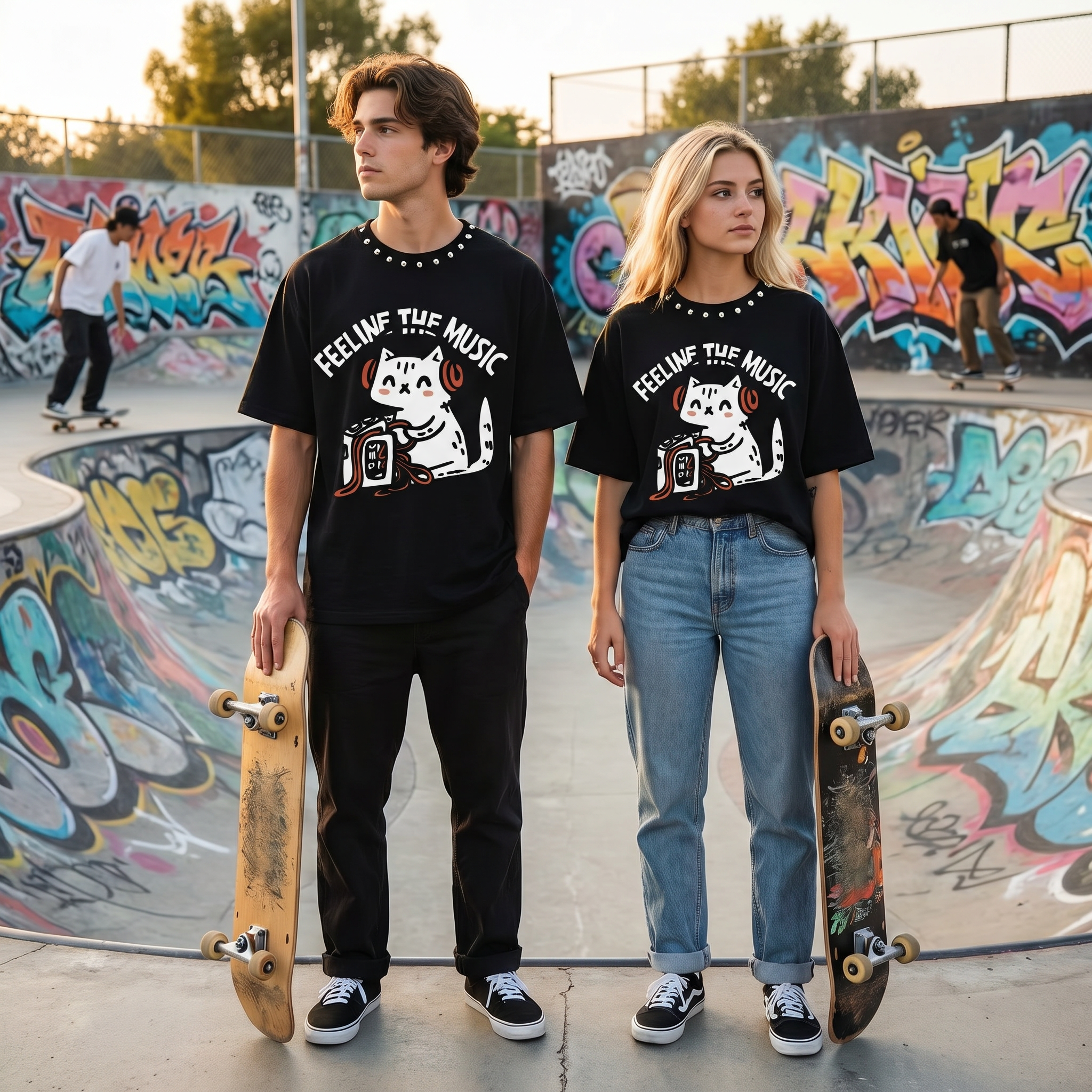 JEVPE "Feeline The Music" Cat Graphic Oversized T-Shirt | Black Cropped Studded Streetwear Tee