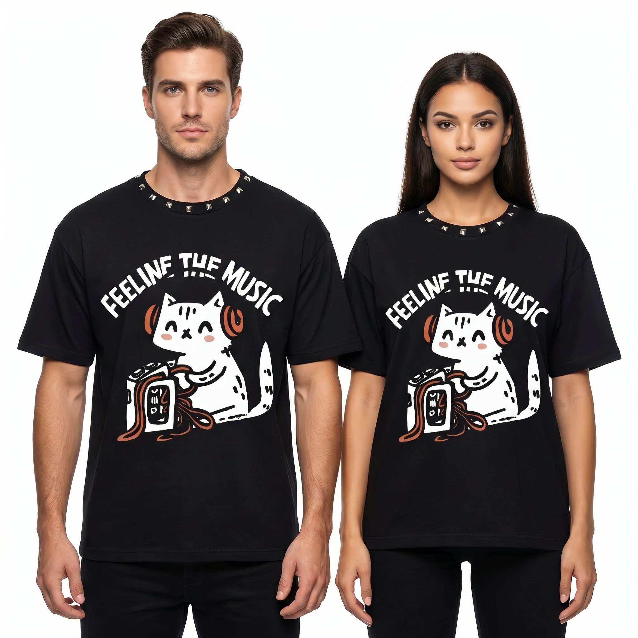 JEVPE "Feeline The Music" Cat Graphic Oversized T-Shirt | Black Cropped Studded Streetwear Tee
