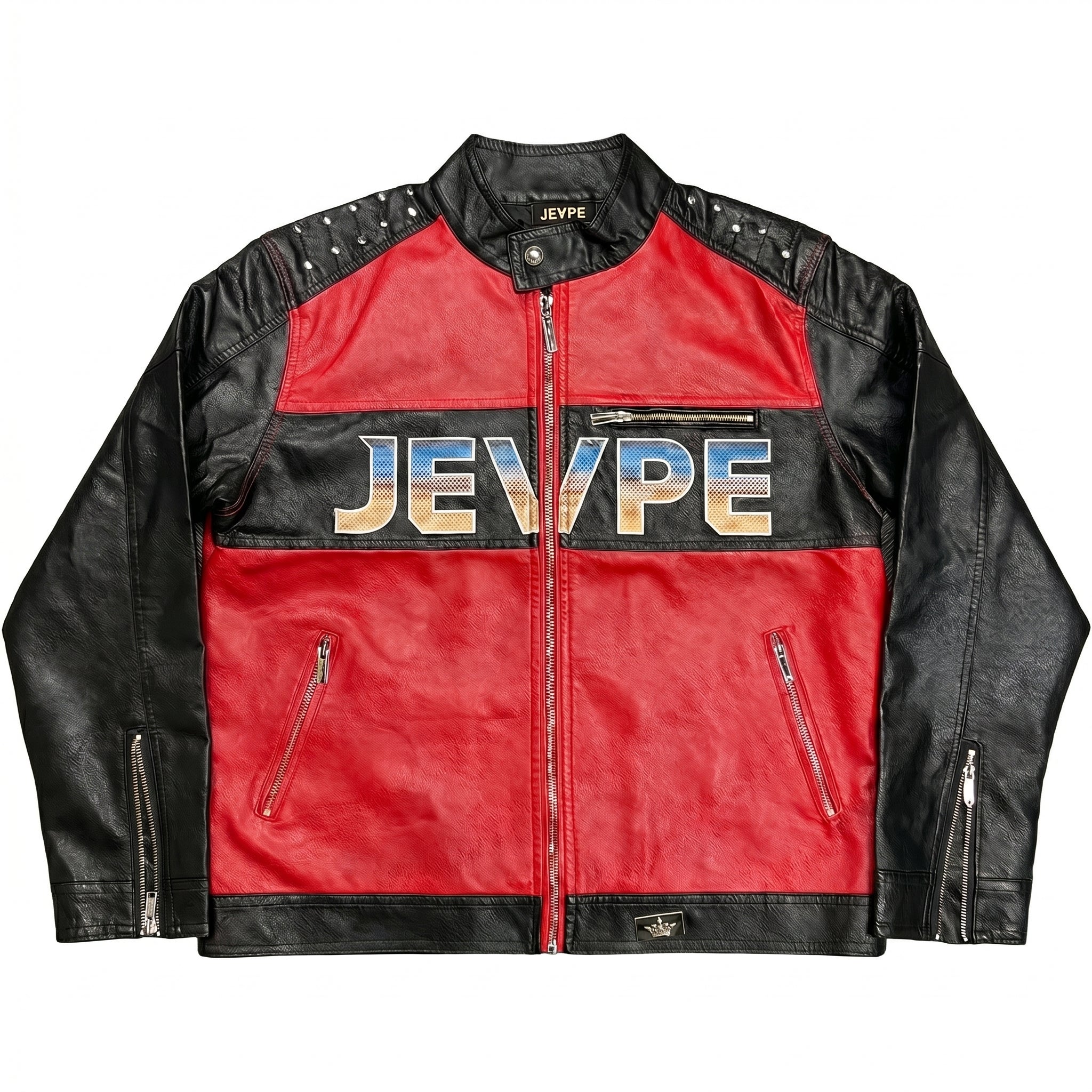 JEVPE Rock Guitar Print Biker Leather Jacket | Black & Red Studded Moto Coat