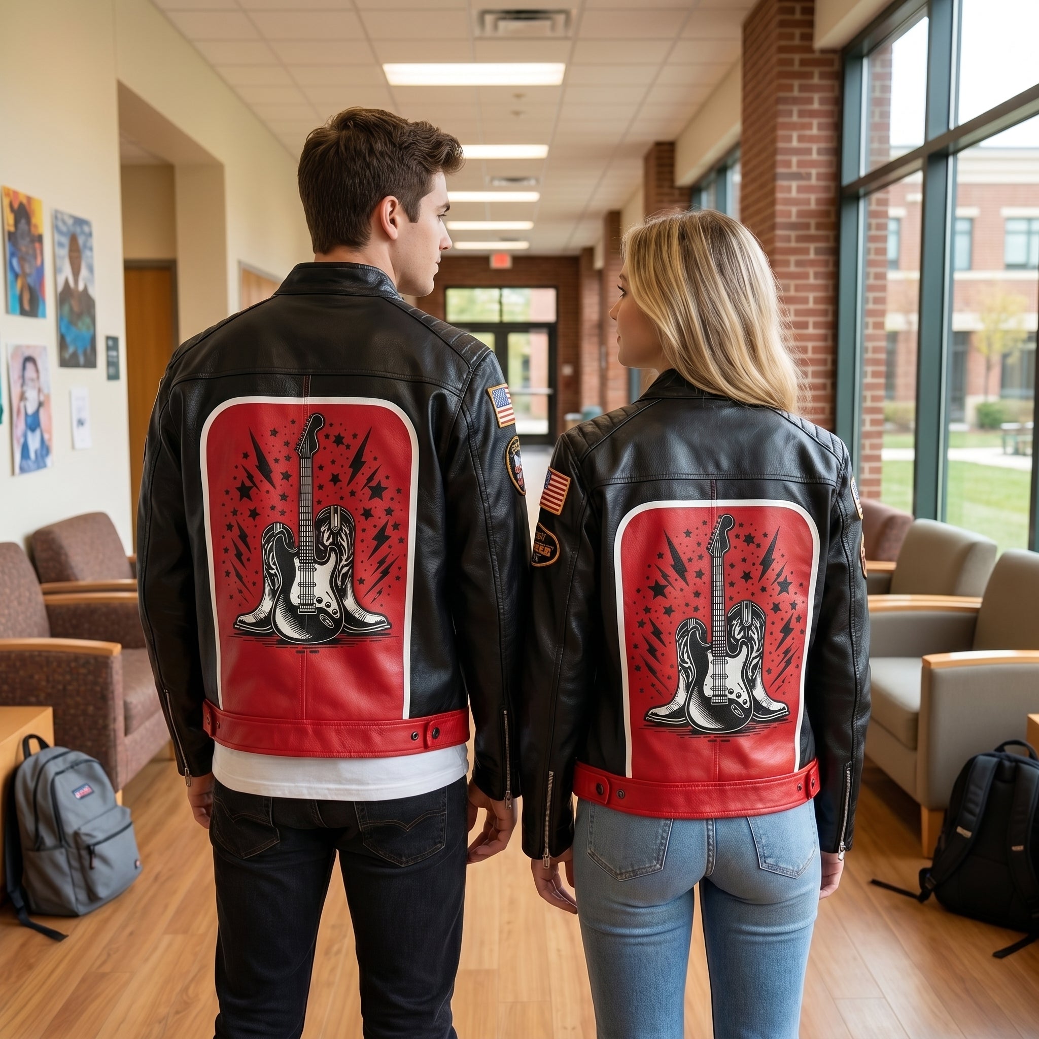 JEVPE Rock Guitar Print Biker Leather Jacket | Black & Red Studded Moto Coat