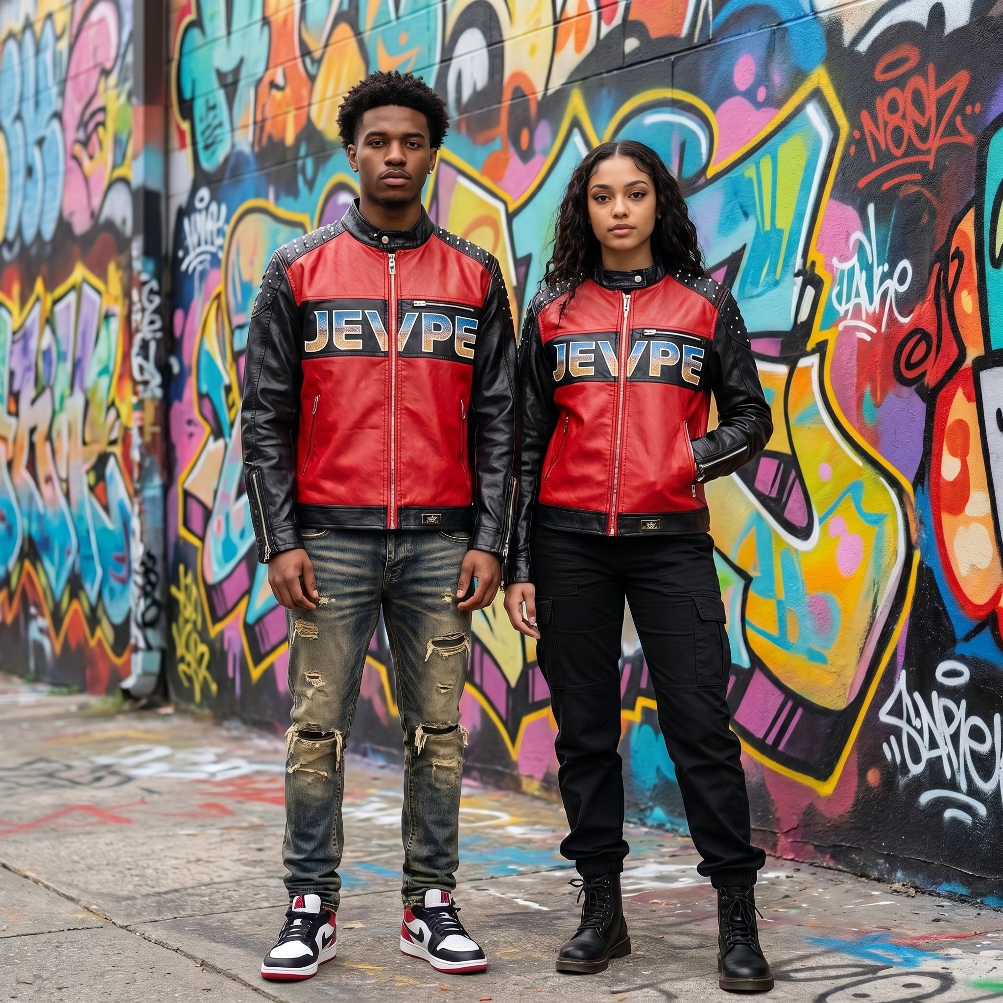 JEVPE Rock Guitar Print Biker Leather Jacket | Black & Red Studded Moto Coat