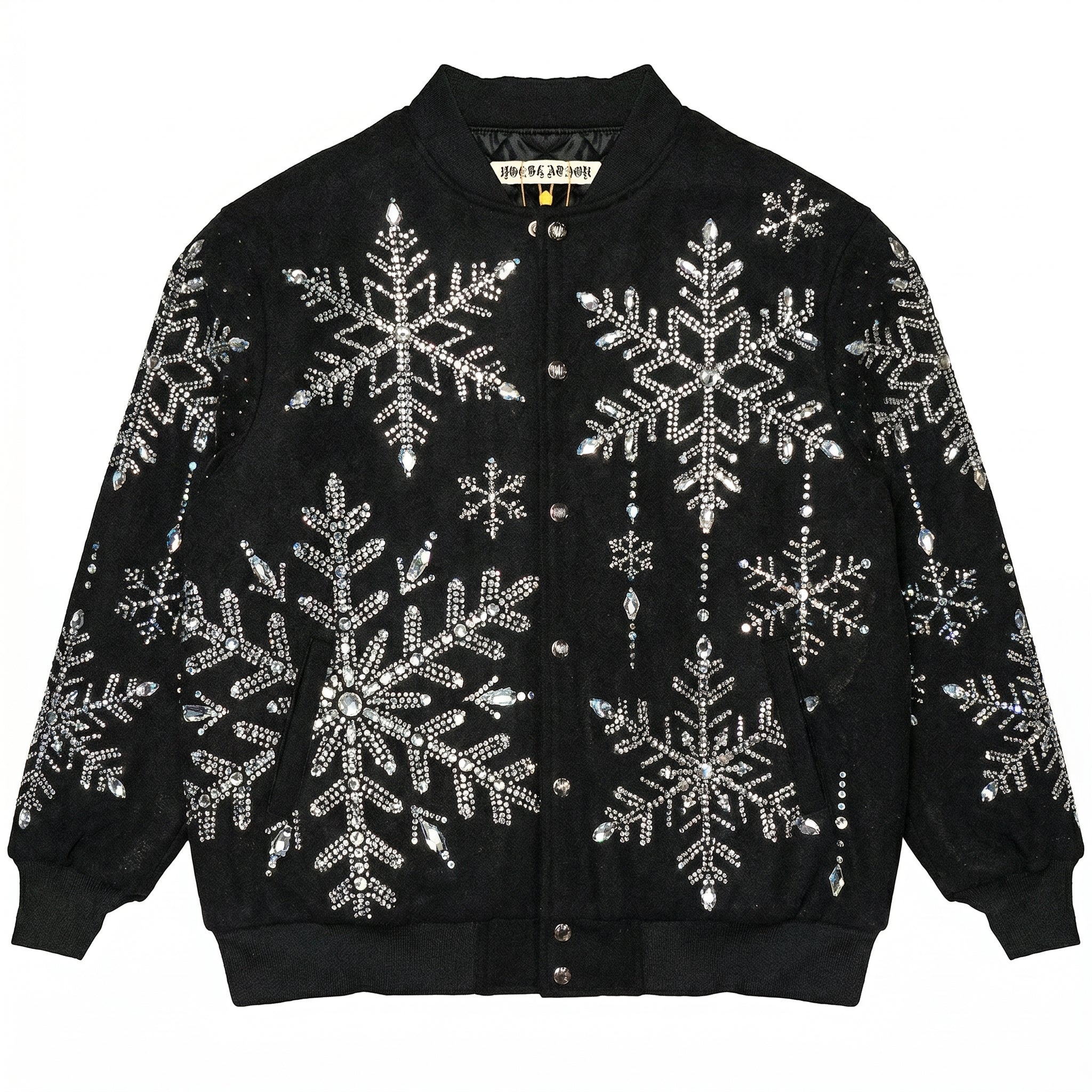 Rhinestone Snowflake Varsity Jacket | Black Sparkly Embellished Streetwear Bomber Coat