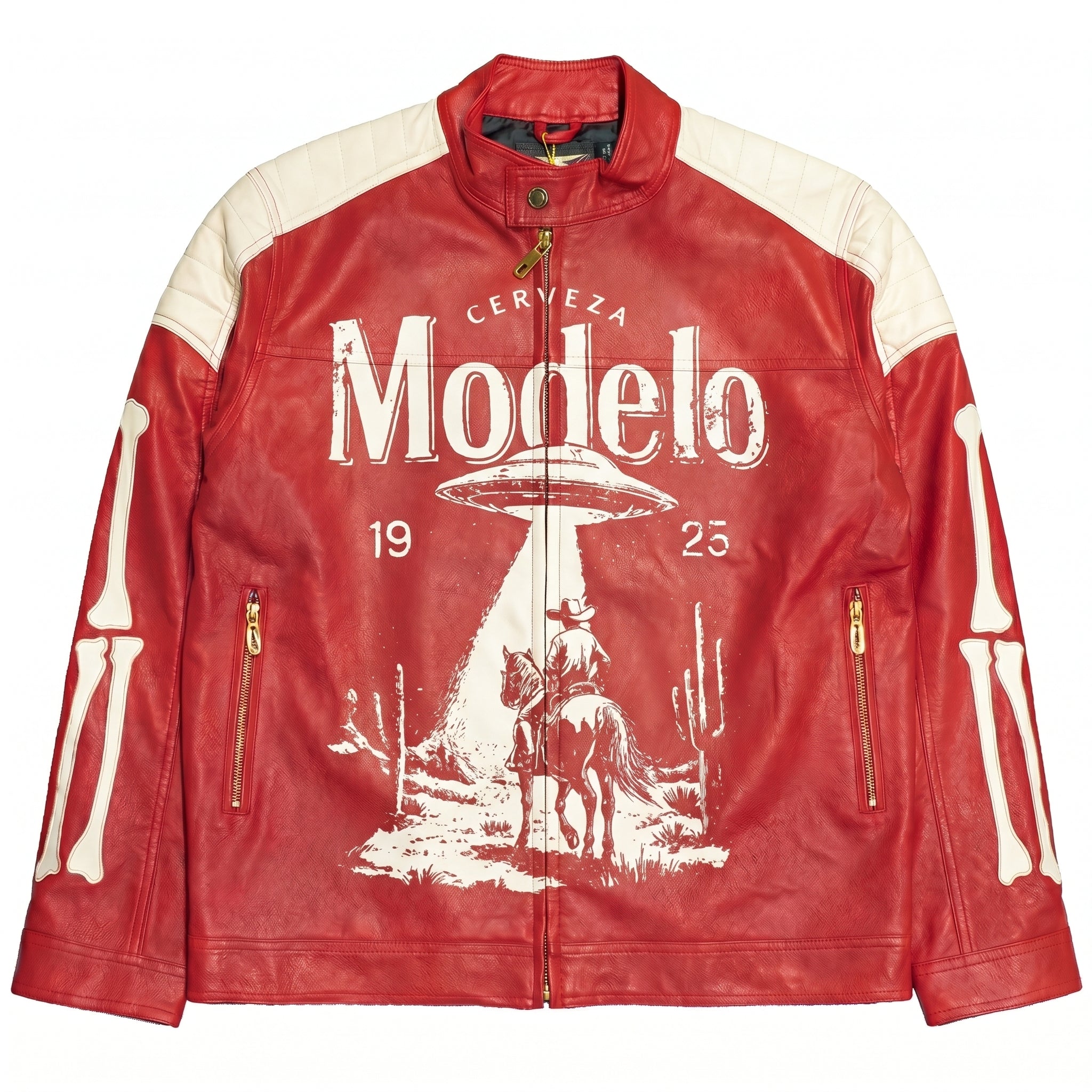 Modelo UFO Cowboy Western Print Biker Leather Jacket | Red & White Streetwear Moto Coat