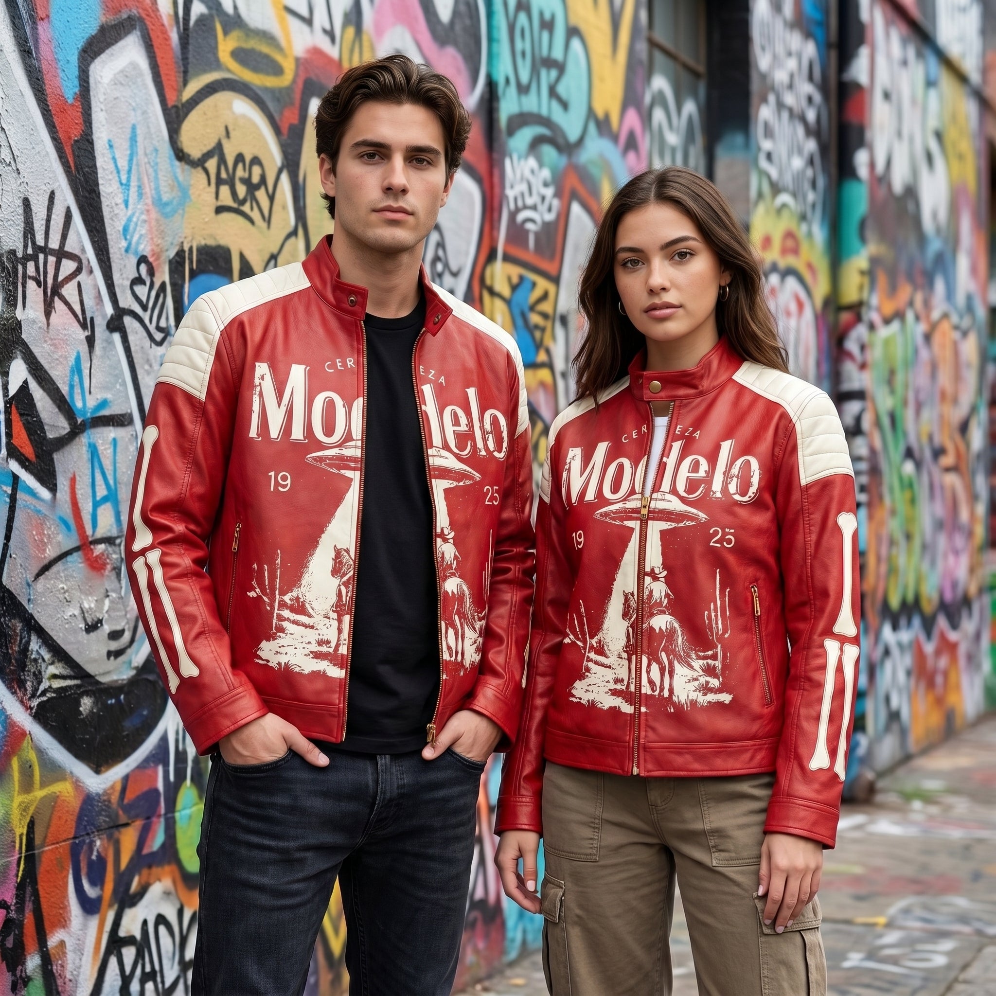 Modelo UFO Cowboy Western Print Biker Leather Jacket | Red & White Streetwear Moto Coat