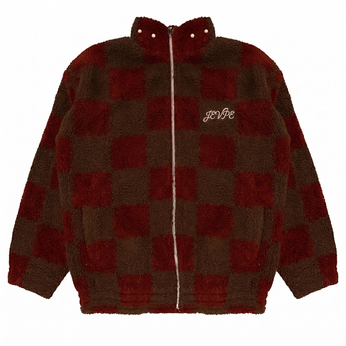 Brown & Red Checkered Sherpa Fleece Jacket by JEVPE