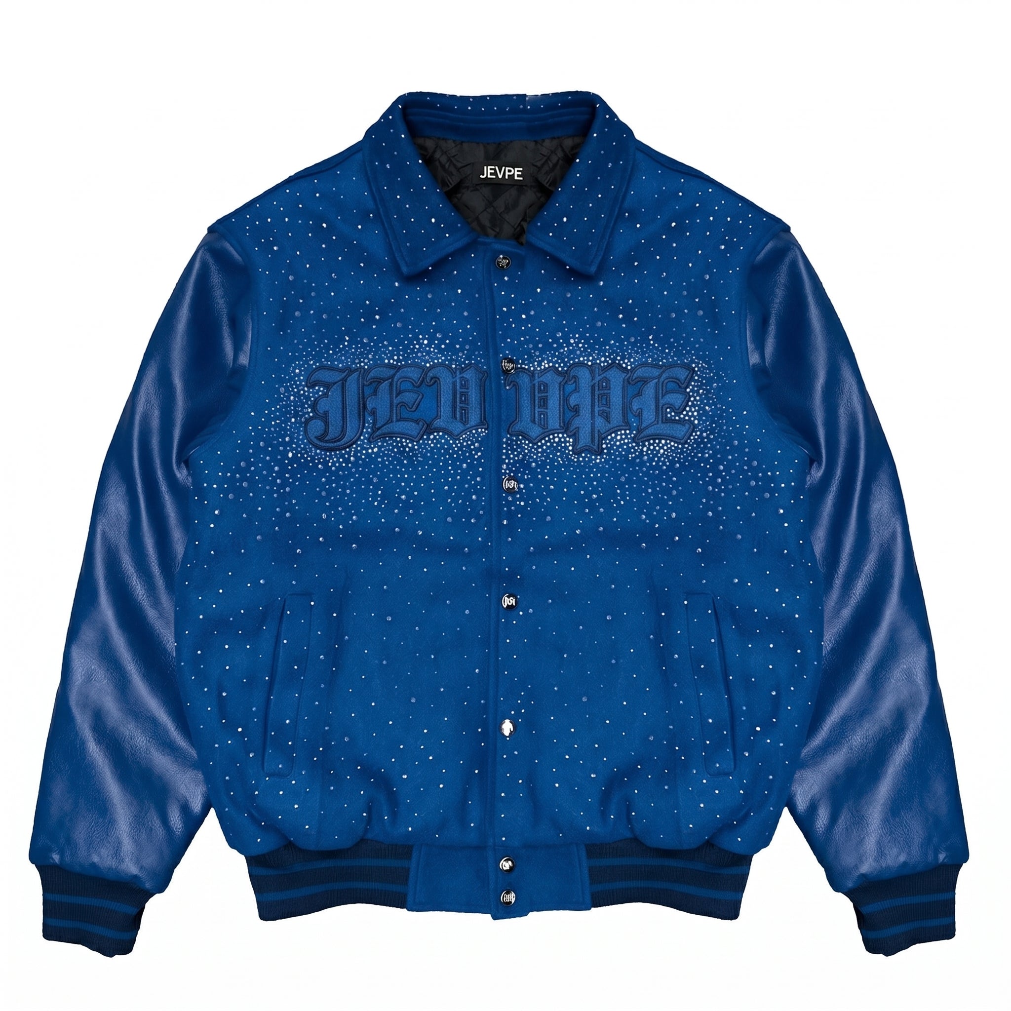JEVPE Rhinestone Starry Embroidered Varsity Jacket | Blue Leather-Sleeve Streetwear Coat