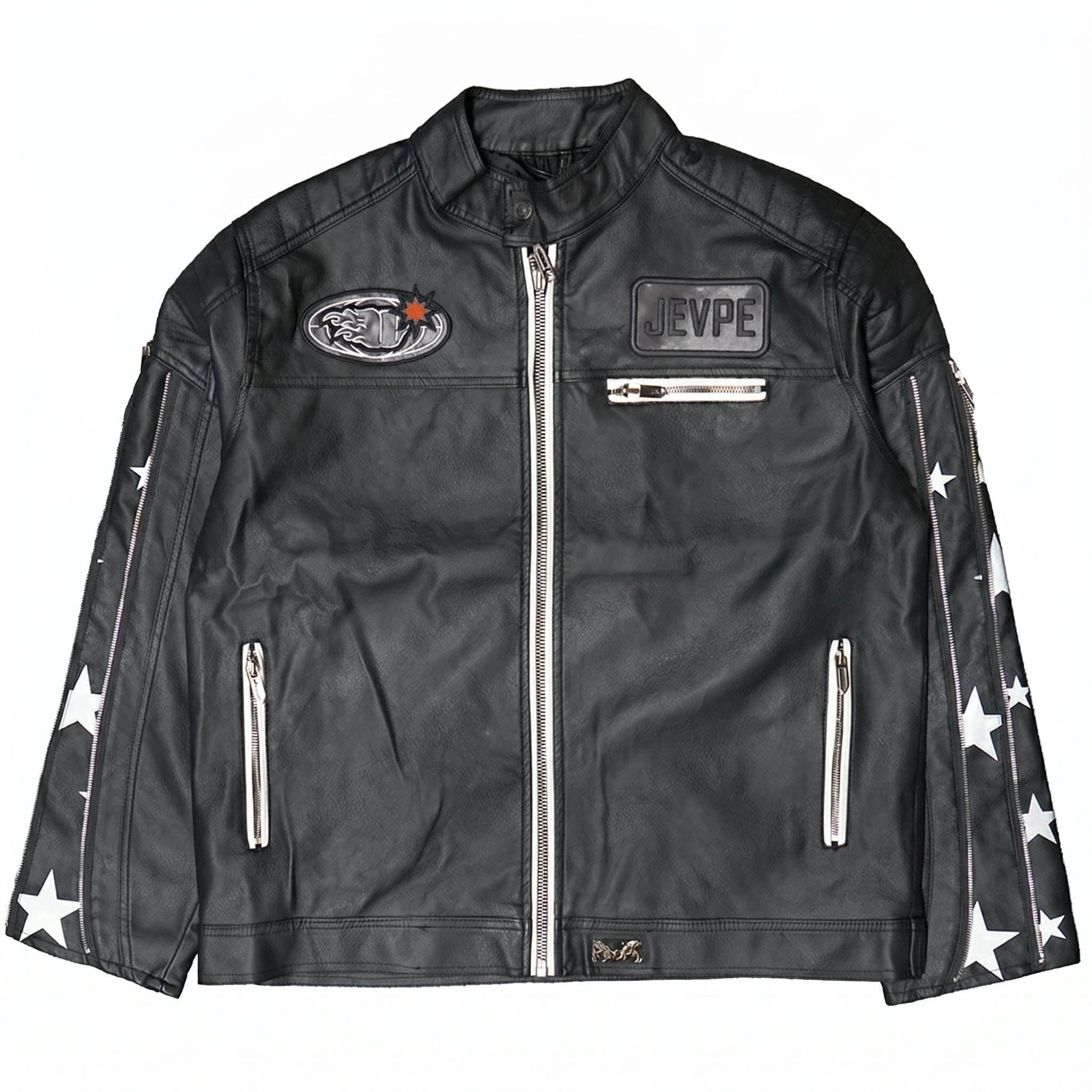 JEVPE Star Print Multi-Zip Biker Leather Jacket | Black Streetwear Moto Outerwear