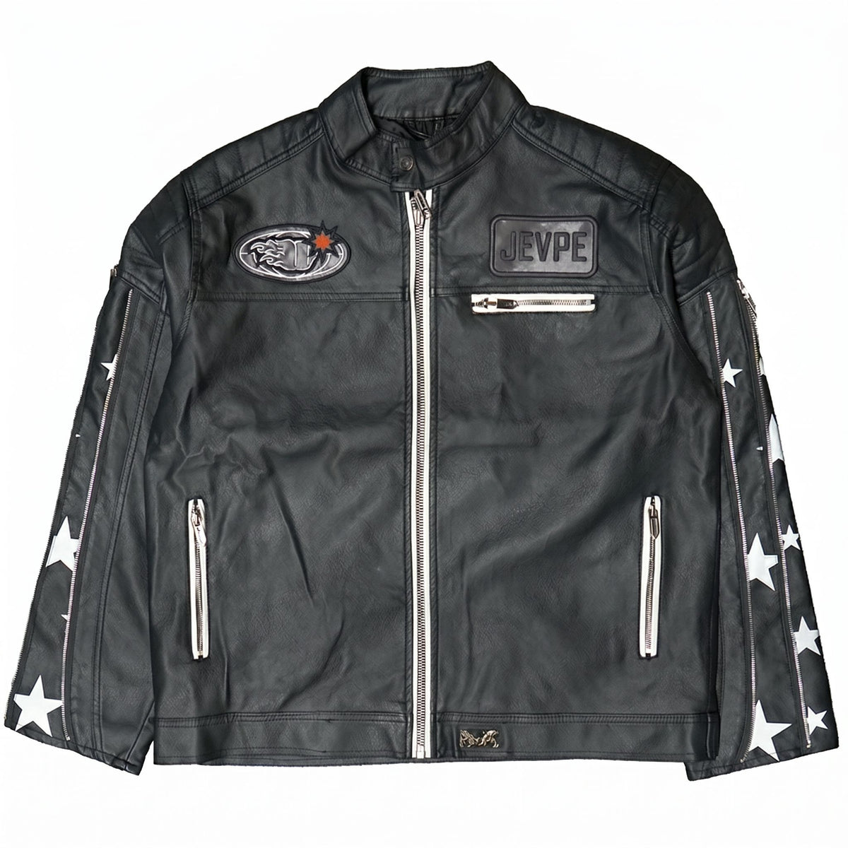 Star Print Multi-Zip Biker Leather Jacket by JEVPE