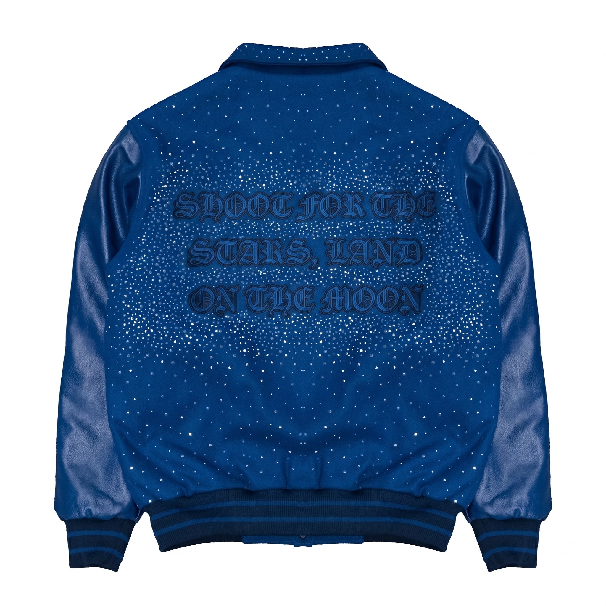 JEVPE Rhinestone Starry Embroidered Varsity Jacket | Blue Leather-Sleeve Streetwear Coat