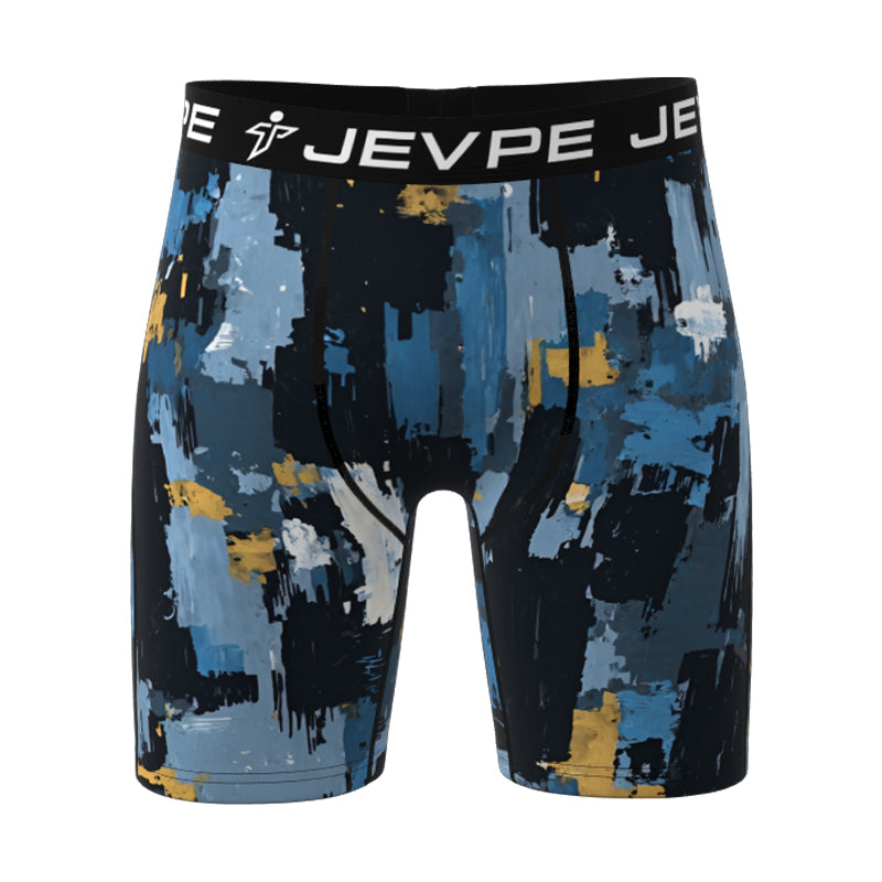 JEVPE men's cartoon tie-dye striped boxer briefs made of soft breathable polyester blend, shown in vibrant mixed colors.