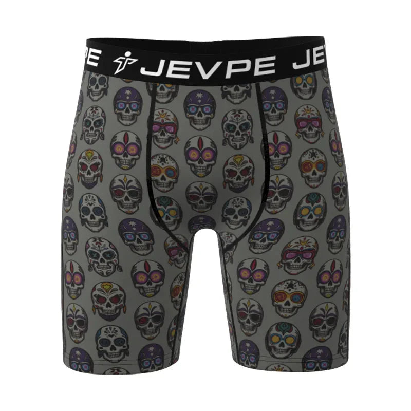 JEVPE men's 6-pack cartoon tie-dye striped boxer briefs in vibrant colors, soft breathable polyester blend, casual everyday menswear.