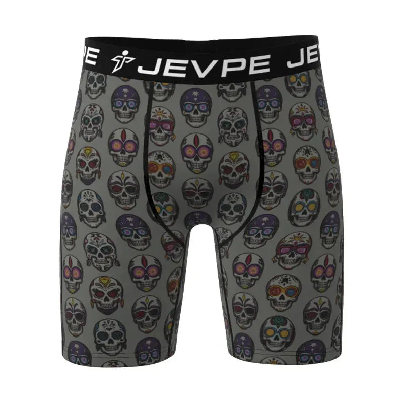 JEVPE men's 6-pack cartoon tie-dye striped boxer briefs in vibrant colors, soft breathable polyester blend, casual everyday menswear.