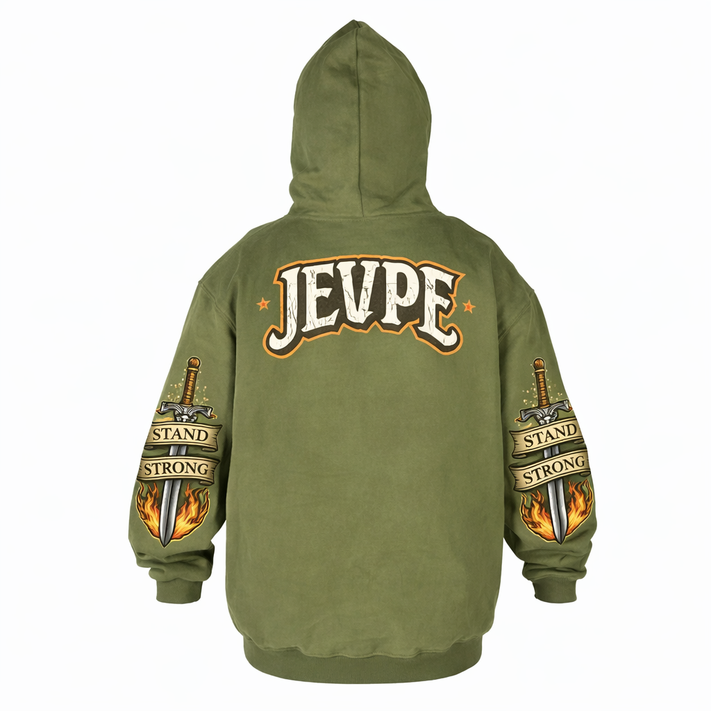 JEVPE men's oversized hoodie featuring a roaring lion graphic and "Hold The Line" text, vintage streetwear style.