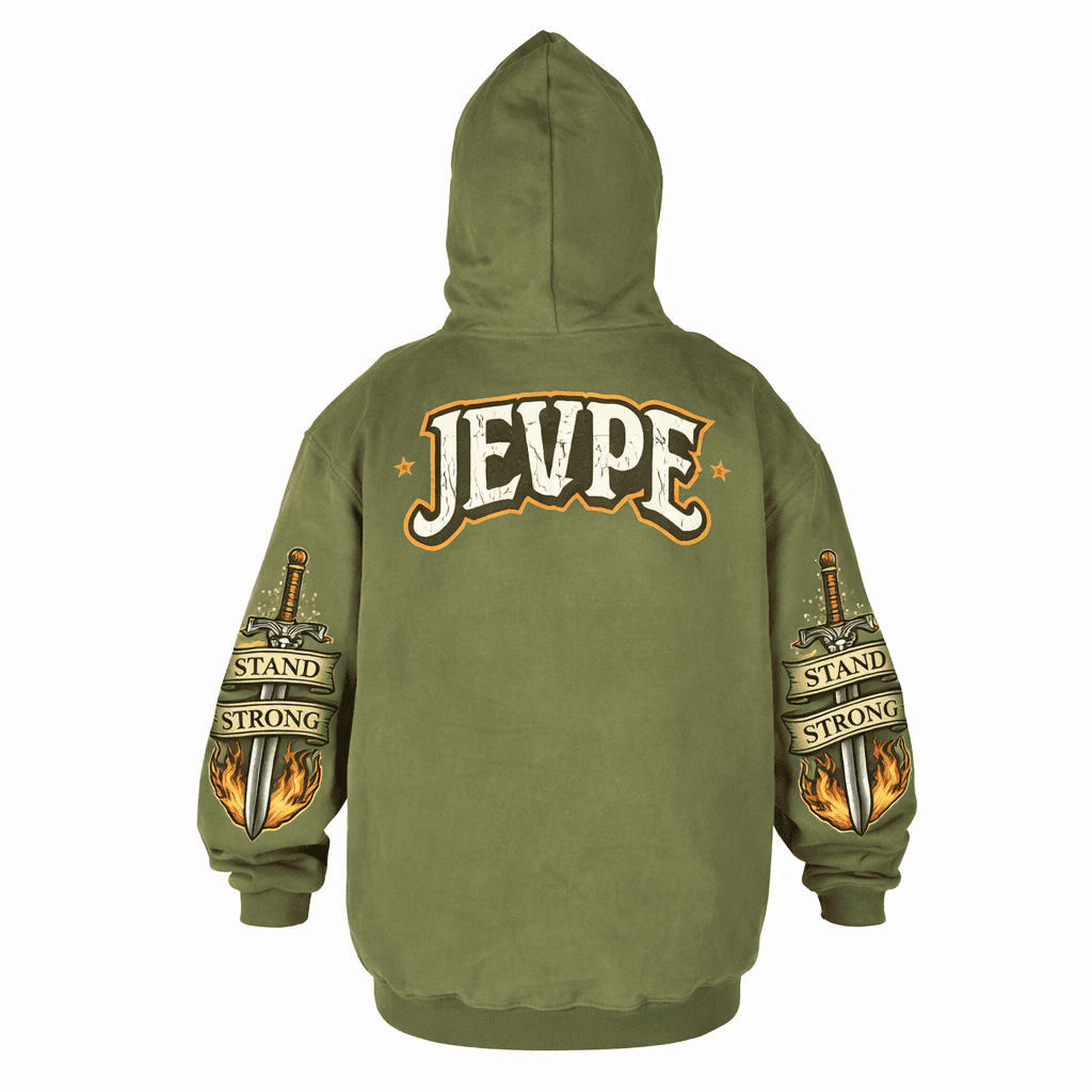 JEVPE men's oversized hoodie featuring a roaring lion graphic and "Hold The Line" text, vintage streetwear style.