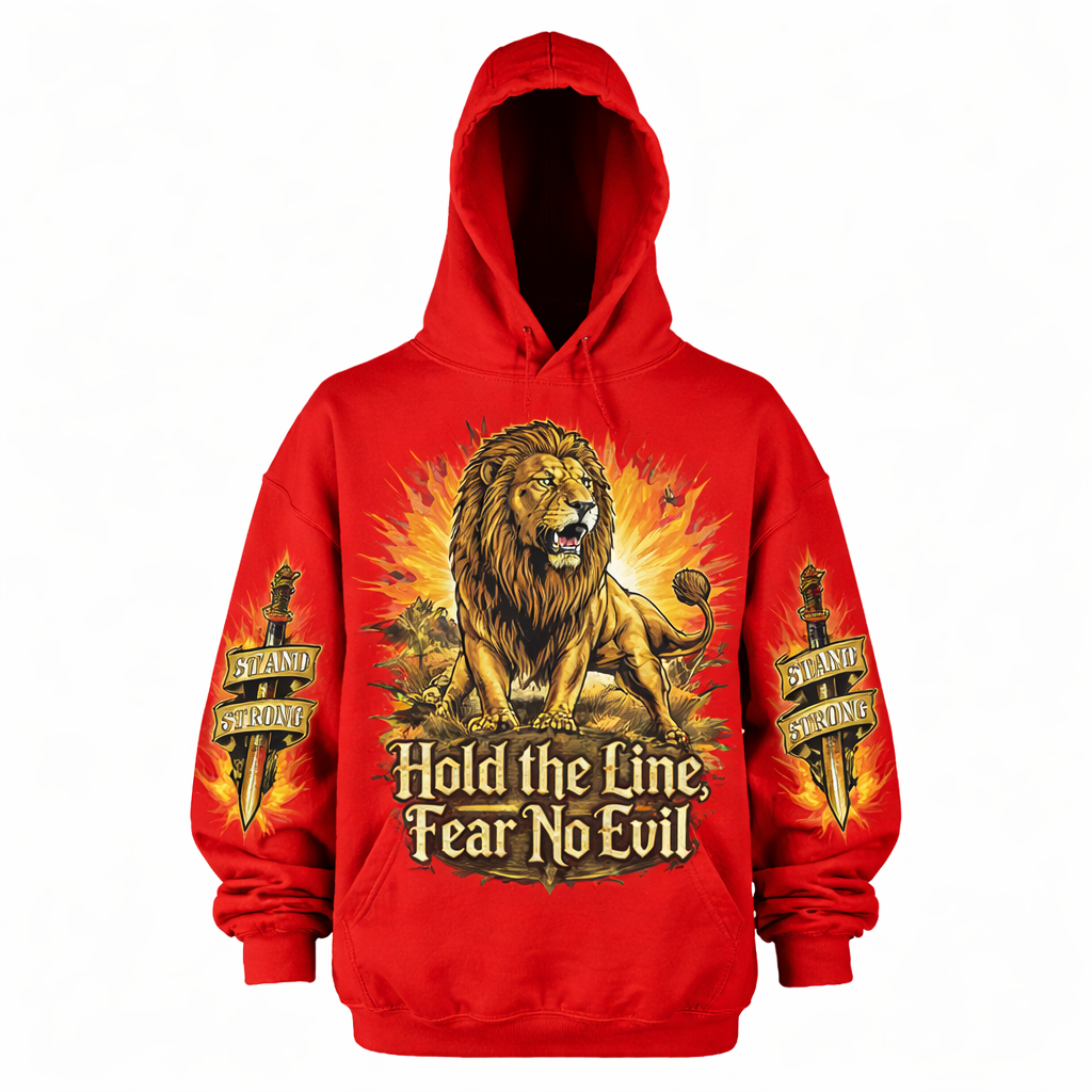 Men's oversized red hoodie by JEVPE featuring a roaring lion graphic and "Hold The Line" vintage streetwear design.