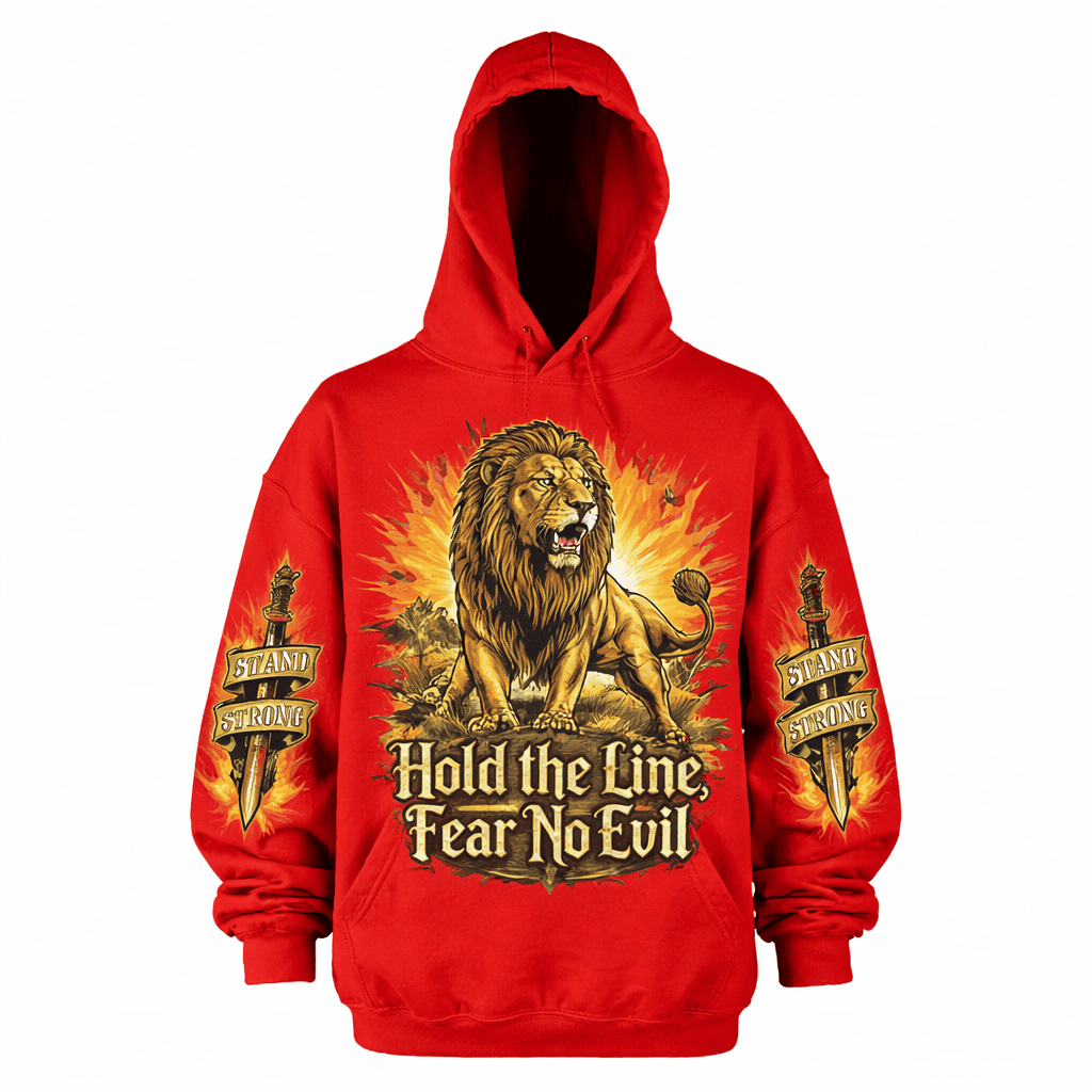 Men's oversized red hoodie by JEVPE featuring a roaring lion graphic and "Hold The Line" vintage streetwear design.
