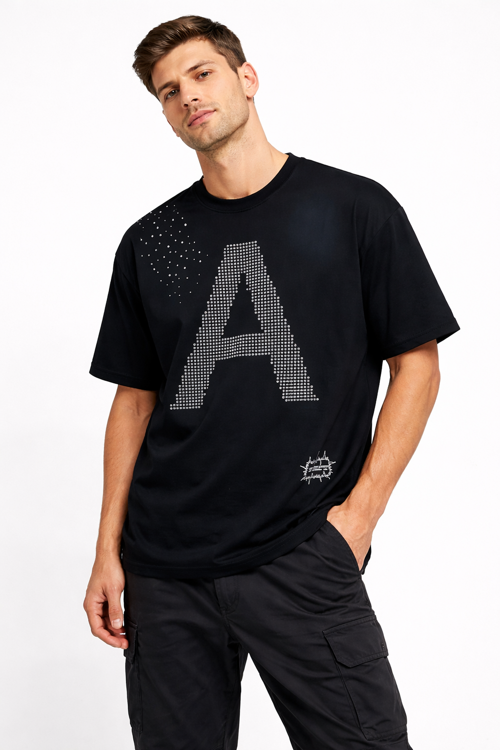Black oversized men's T-shirt by JEVPE featuring rhinestone "A" letter design, short sleeves, crew neck, and washed finish.