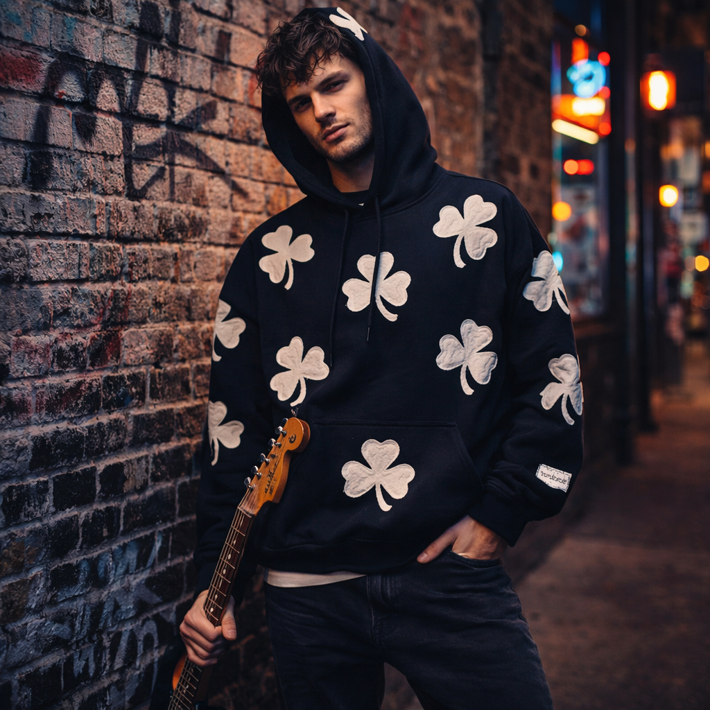 Black oversized hoodie for men featuring vintage streetwear style with a Clover design, from JEVPE.