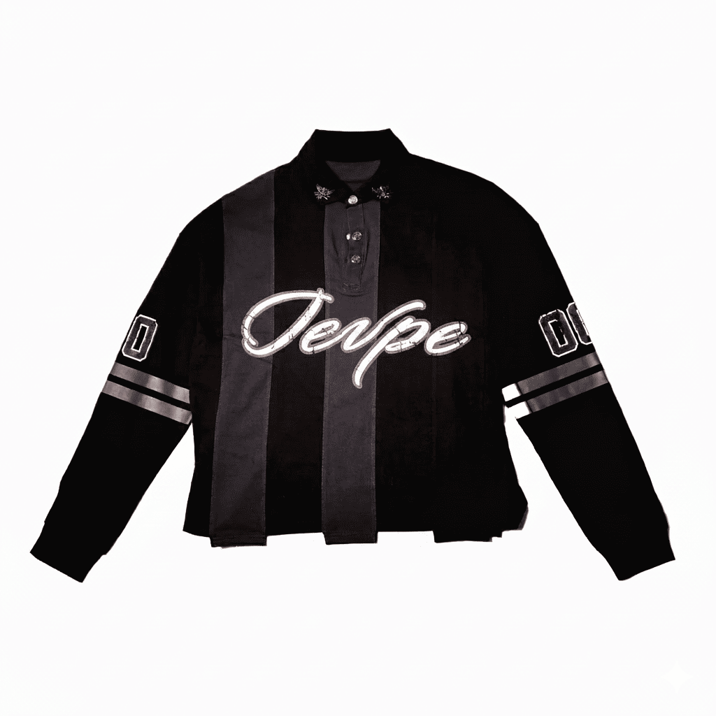 JEVPE black and dark gray striped rugby shirt with script graphic design and long sleeves, casual athletic style.