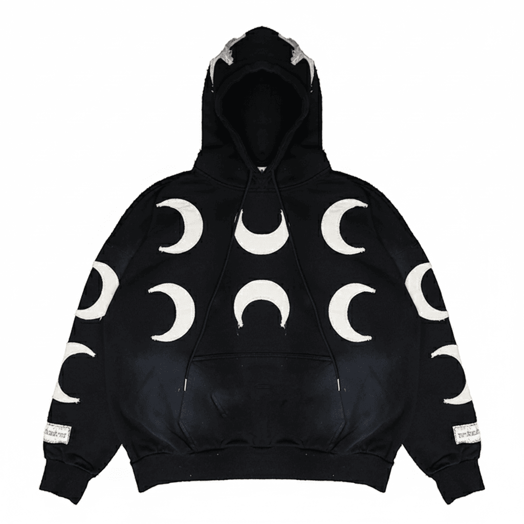 Black oversized men's hoodie by JEVPE featuring a distressed crescent moon graphic, vintage streetwear style.