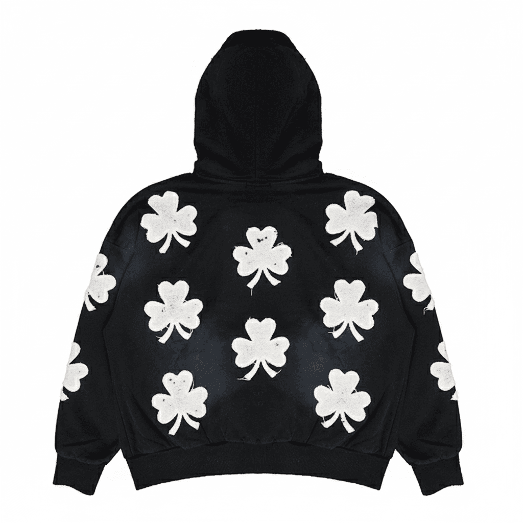 Black oversized hoodie for men by JEVPE, featuring vintage streetwear style with bold black Clover graphic on the front.