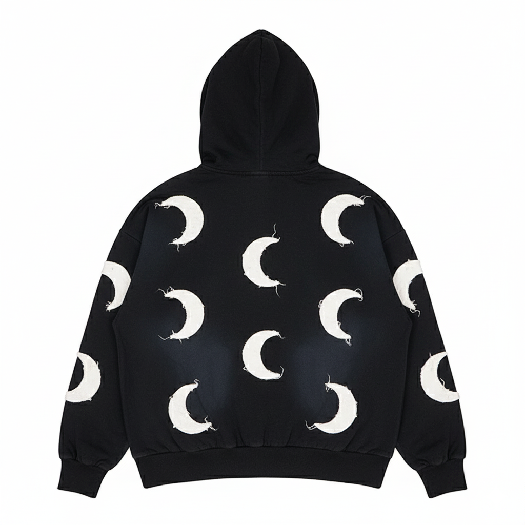 Black oversized men's hoodie by JEVPE featuring a vintage distressed crescent moon design on the front.