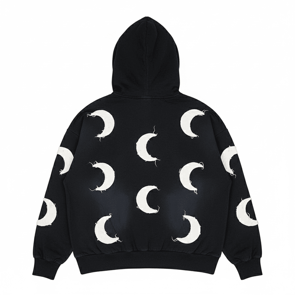 Black oversized men's hoodie by JEVPE featuring a vintage distressed crescent moon design on the front.