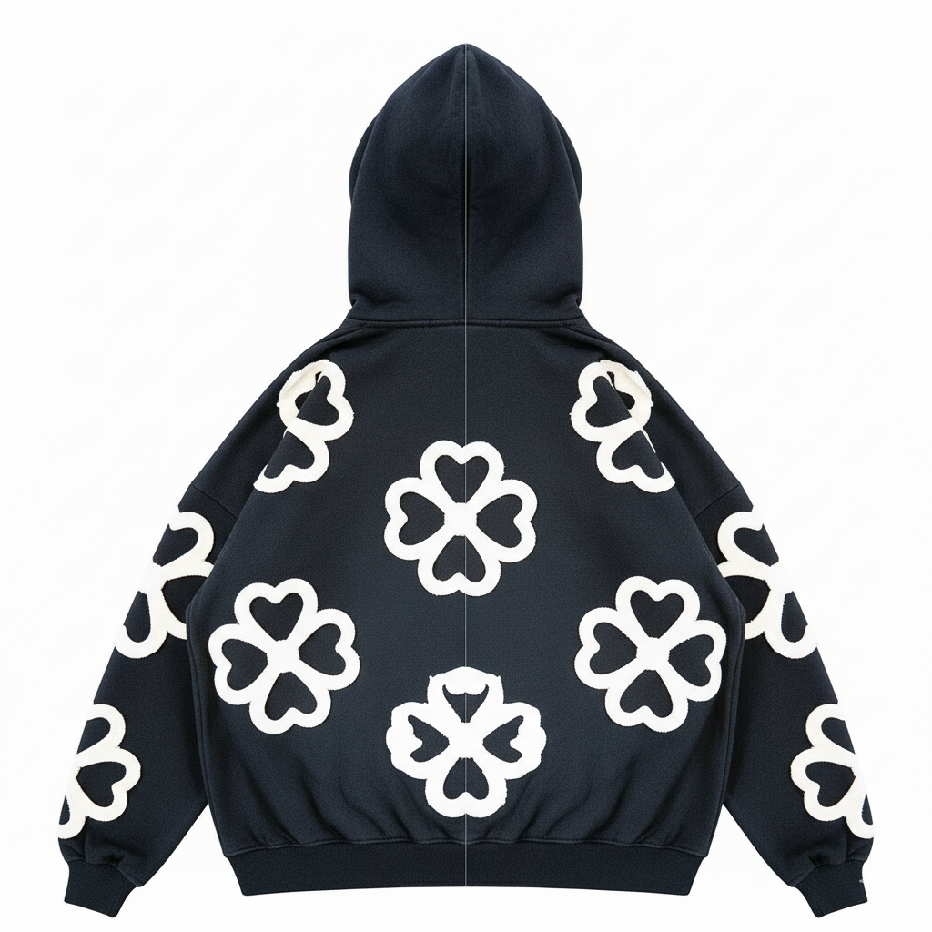JEVPE unisex oversized hoodie featuring a large 4-leaf clover and heart graphic, casual streetwear pullover in soft fabric.