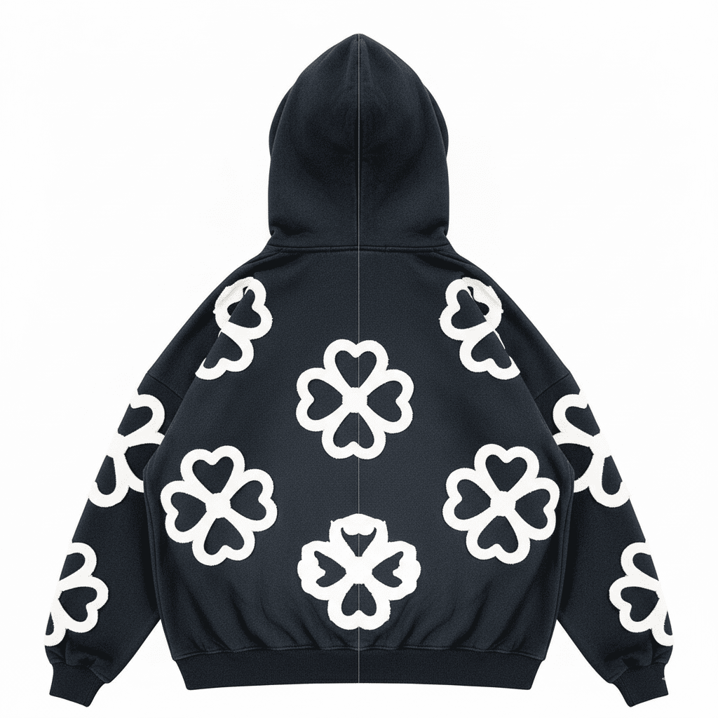 JEVPE unisex oversized hoodie featuring a large 4-leaf clover and heart graphic, casual streetwear pullover in soft fabric.