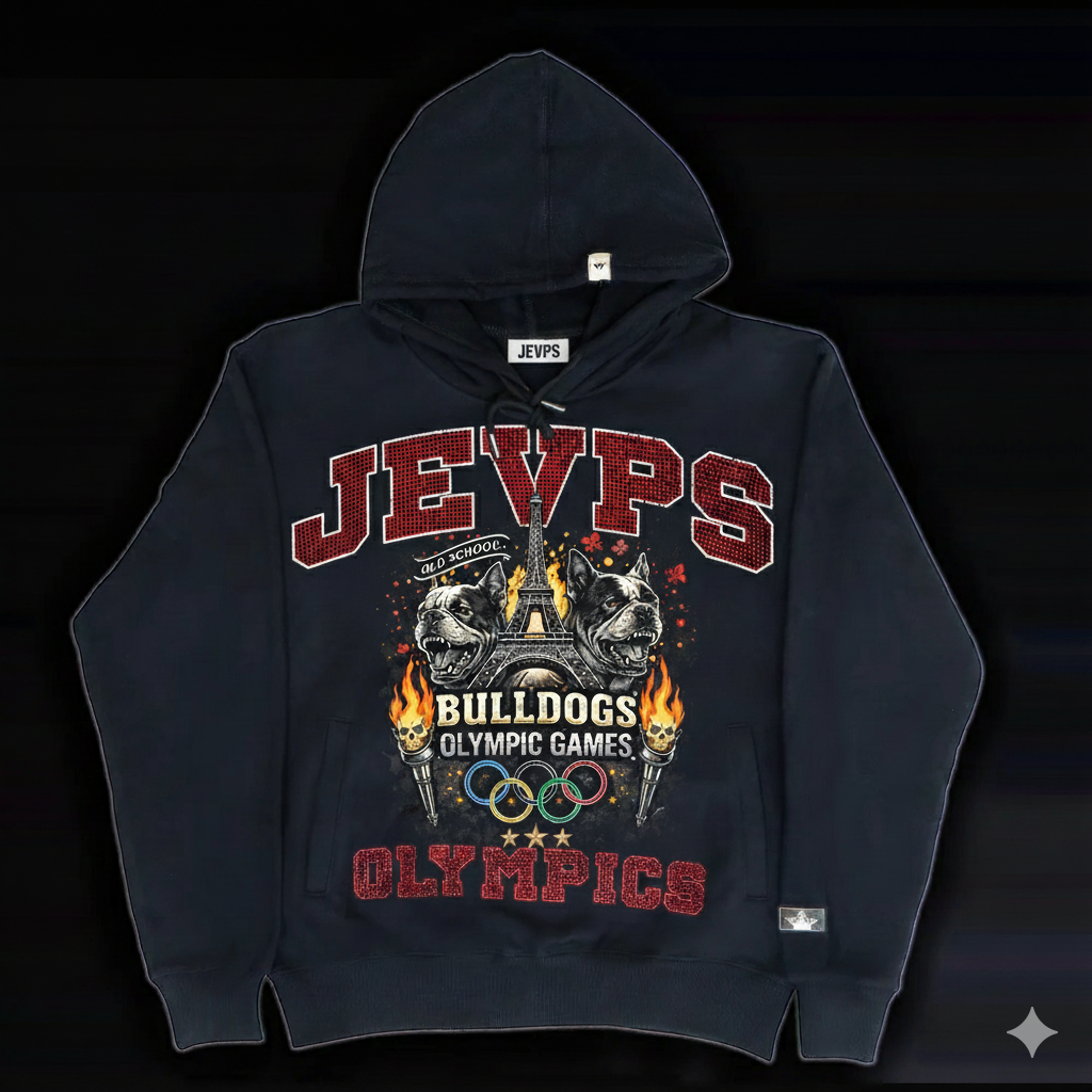 Oversized men's hoodie featuring vintage French Bulldog Olympic Games design by JEVPE, streetwear style, black color.