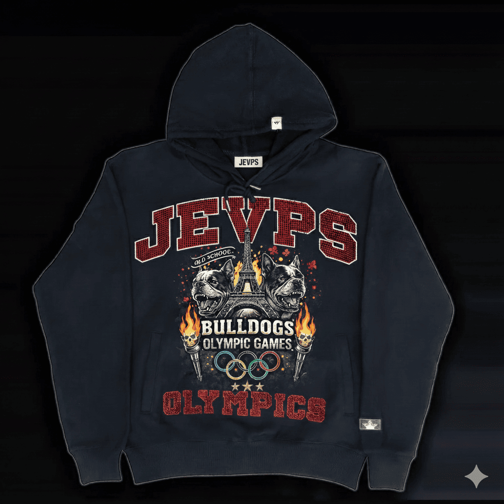 Oversized men's hoodie featuring vintage French Bulldog Olympic Games design by JEVPE, streetwear style, black color.