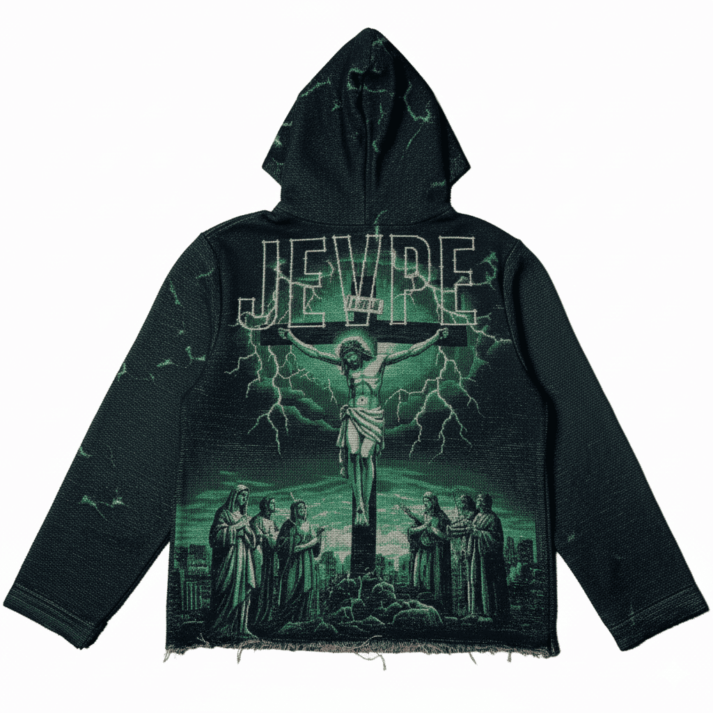 Green Gothic streetwear hoodie by JEVPE featuring an oversized Jesus crucifixion tapestry design with lightning details.