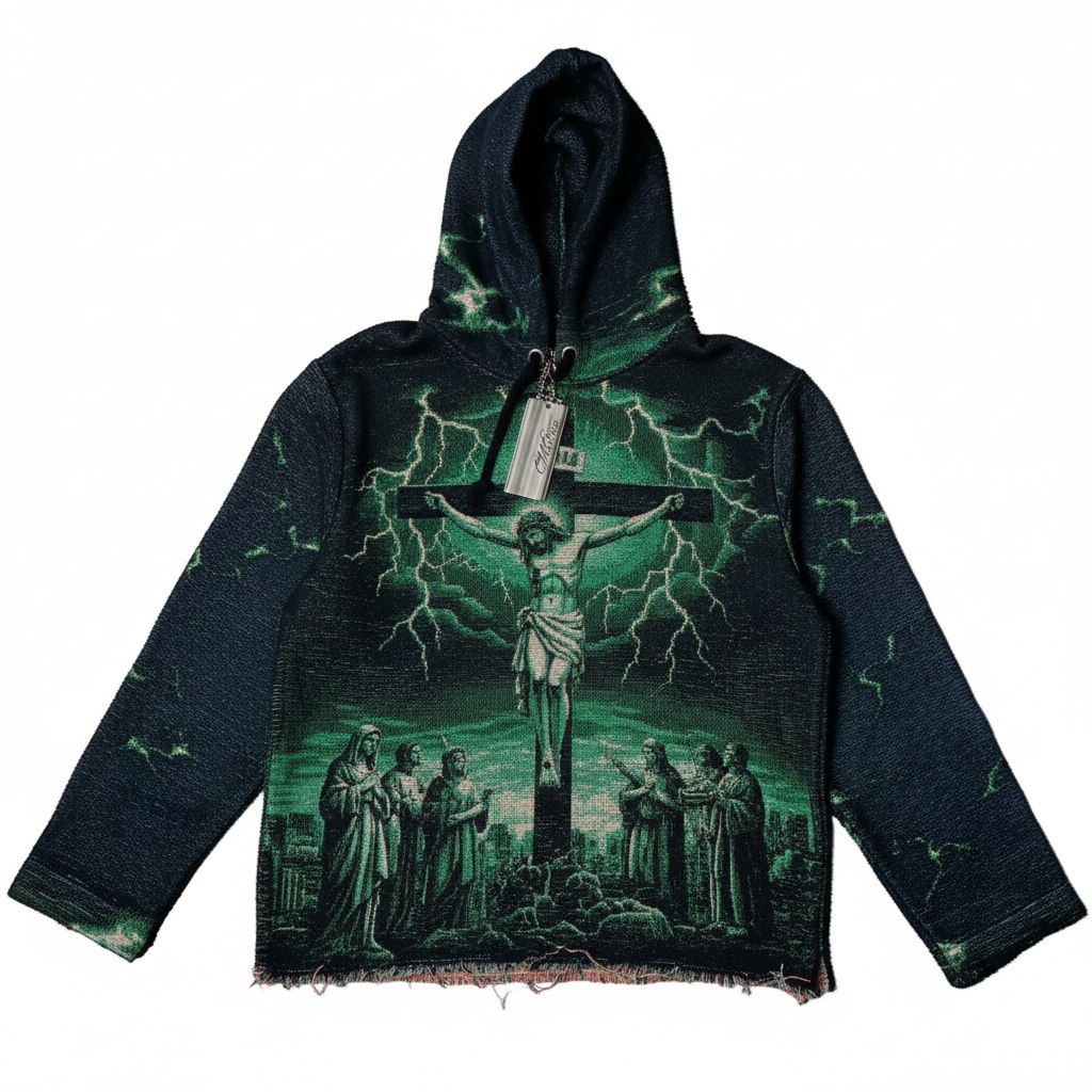 Green Gothic streetwear hoodie featuring an oversized Jesus crucifixion tapestry design by JEVPE, with lightning details and gothic style.