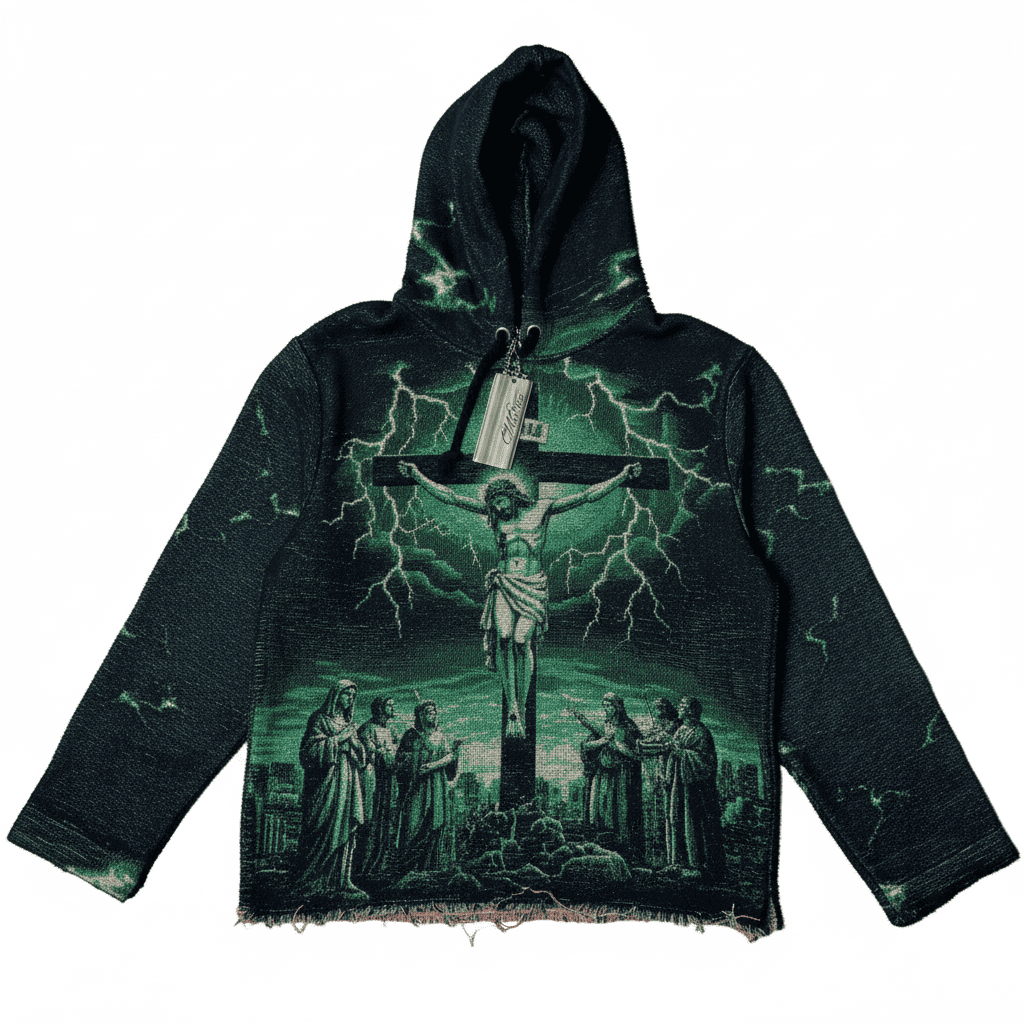 Green Gothic streetwear hoodie featuring an oversized Jesus crucifixion tapestry design by JEVPE, with lightning details and gothic style.