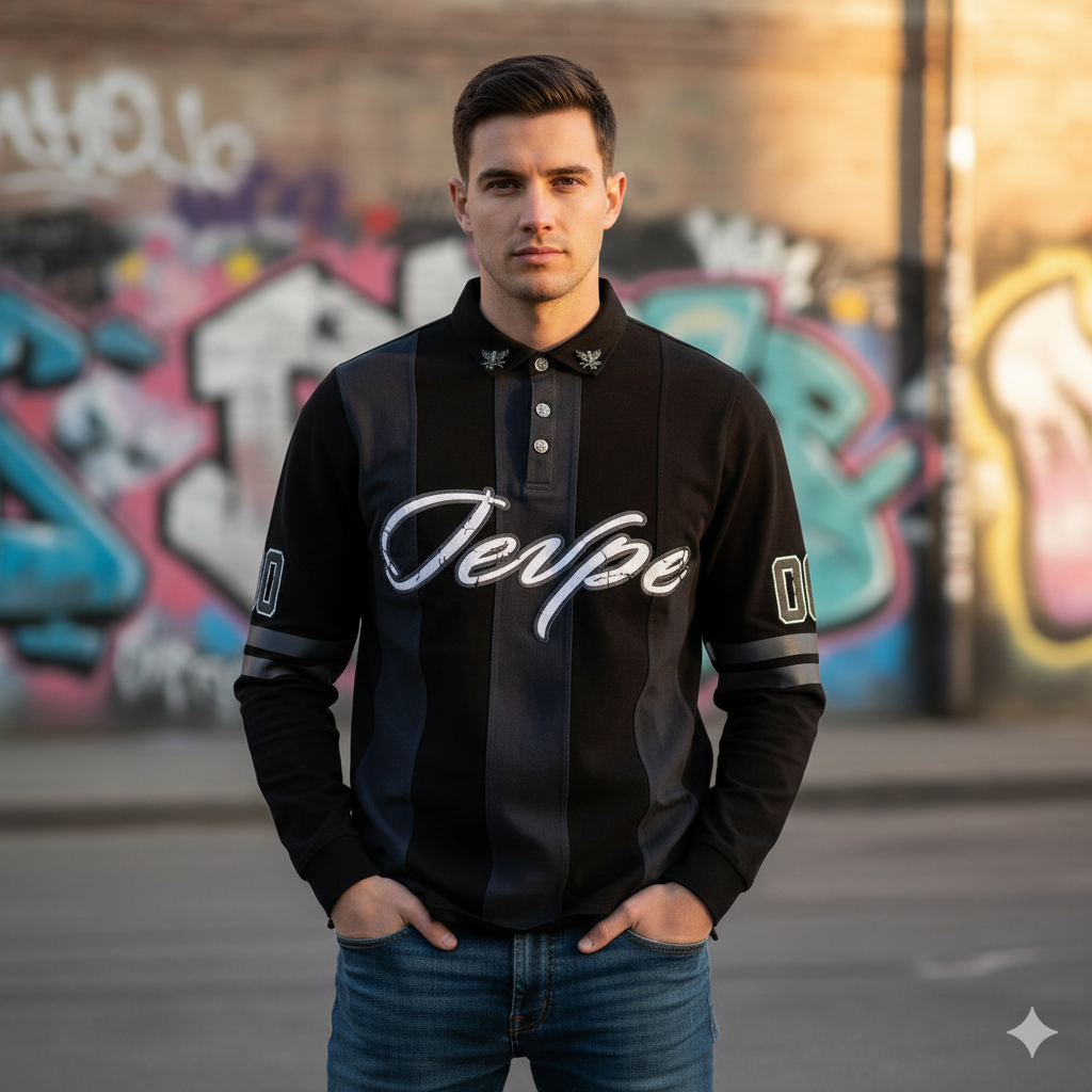 JEVPE black and dark gray striped rugby shirt with script graphic, showcasing the casual, sporty design and textured fabric.