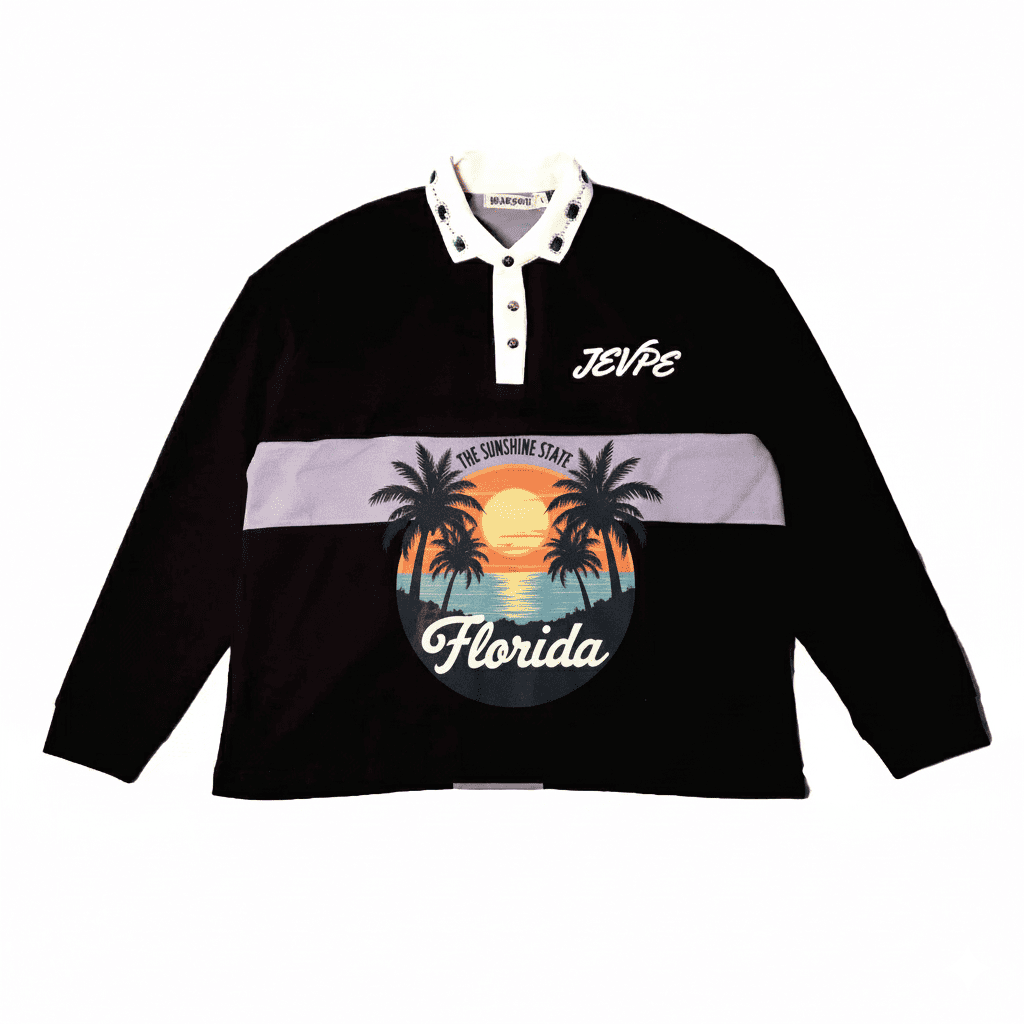 JEVPE Florida Sunshine State Series men's oversized vintage long sleeve rugby polo shirt with rhinestone embellished collar