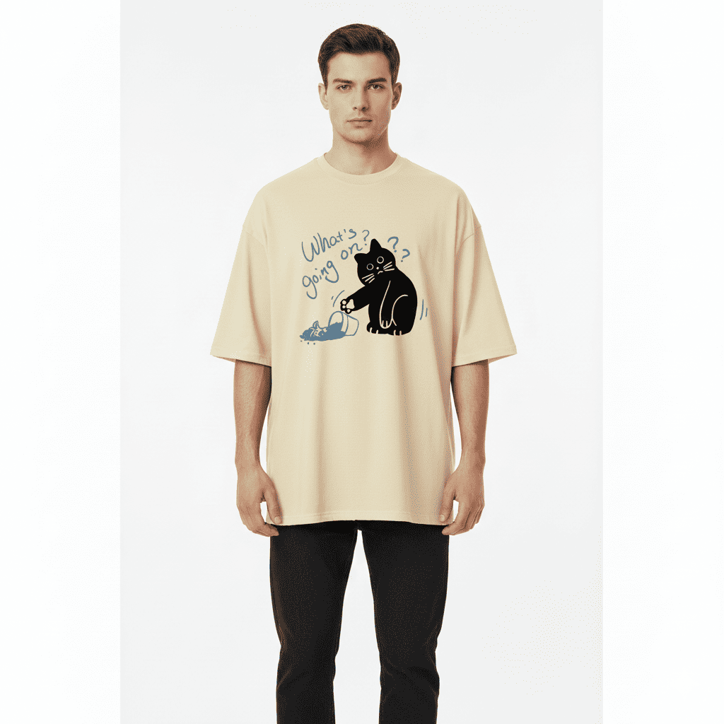 Black cat print T-shirt by JEVPE, casual beige short sleeve streetwear top with quirky feline graphic design.