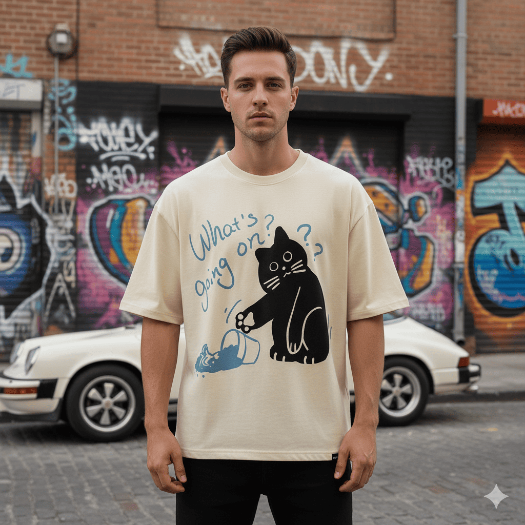 Black cat print casual tee by JEVPE featuring short beige sleeves and streetwear style.