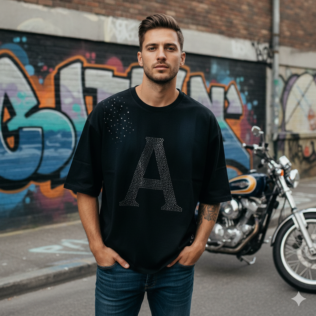 Men's oversized black wash T-shirt by JEVPE with rhinestone "A" letter design, short sleeve crew neck, casual and stylish.