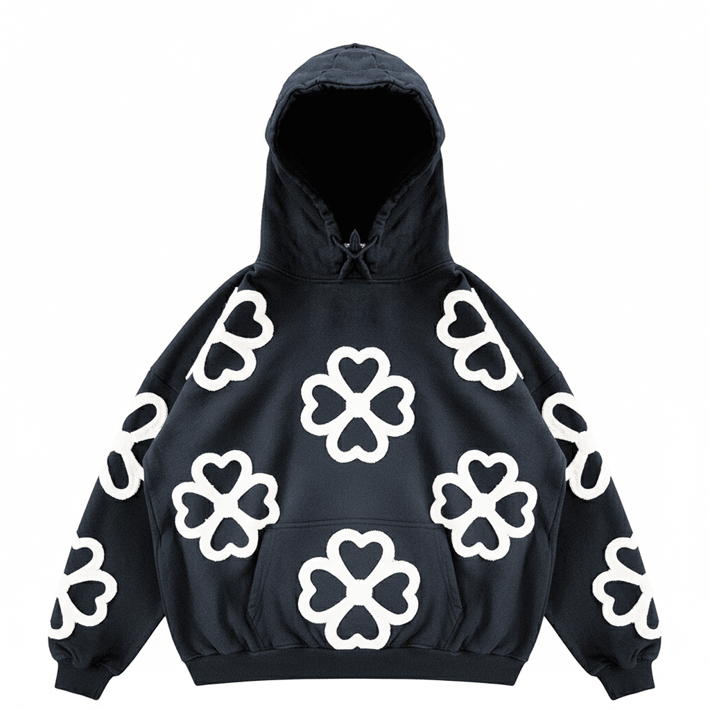 JEVPE unisex oversized hoodie featuring a large 4-leaf clover and heart streetwear design, soft fabric, and casual style
